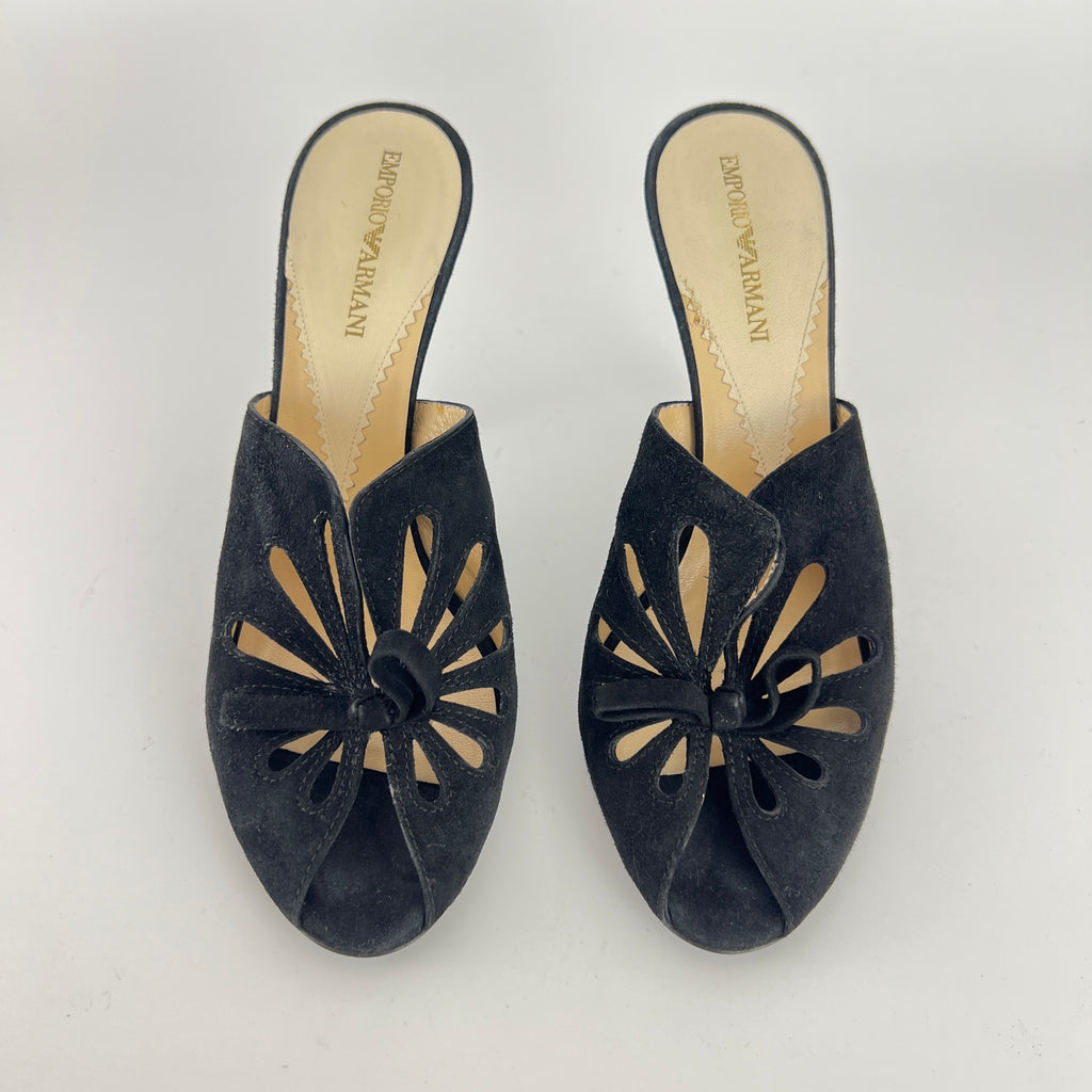 Armani | Black Suede Leather Cut-Out Slide Mules (38.5)