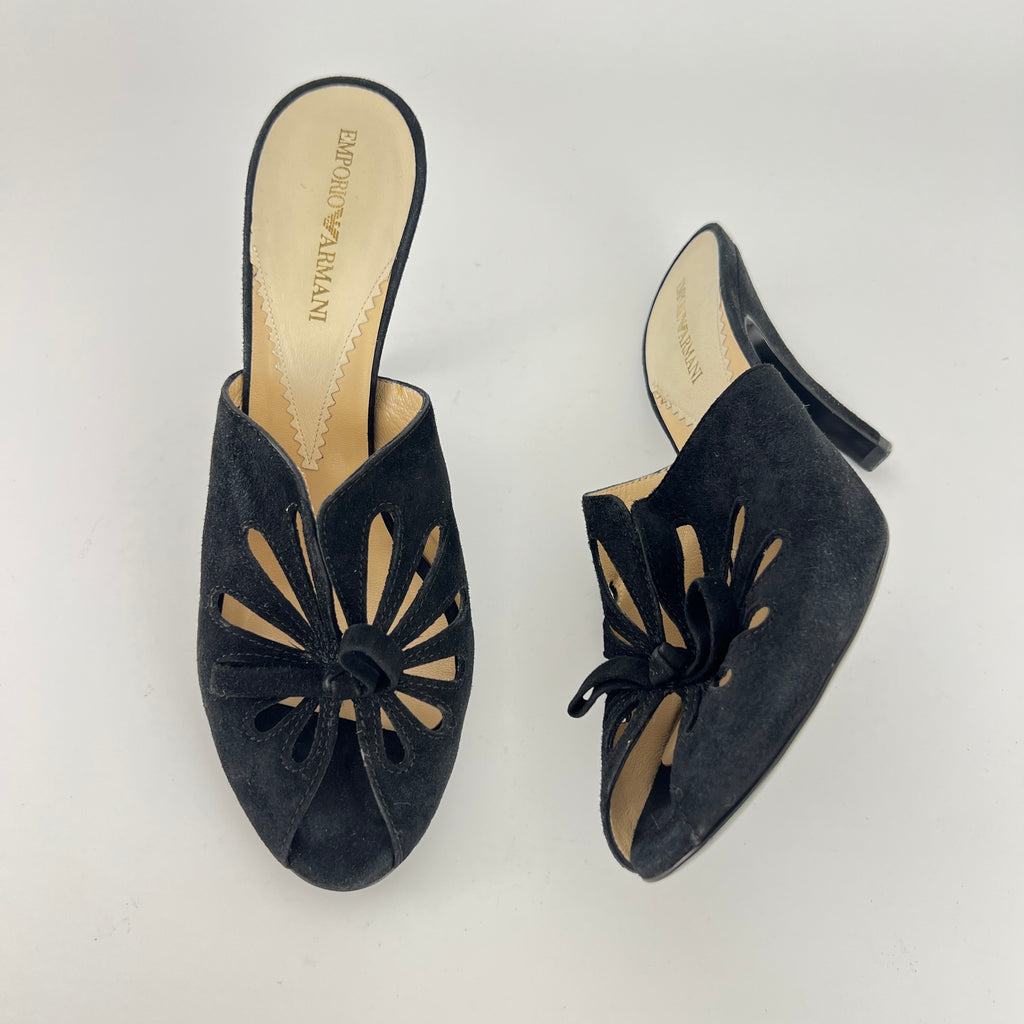 Armani | Black Suede Leather Cut-Out Slide Mules (38.5)