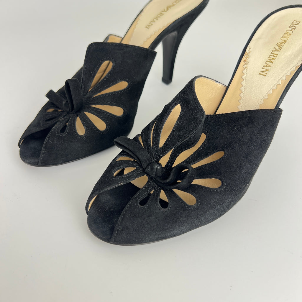 Armani | Black Suede Leather Cut-Out Slide Mules (38.5)