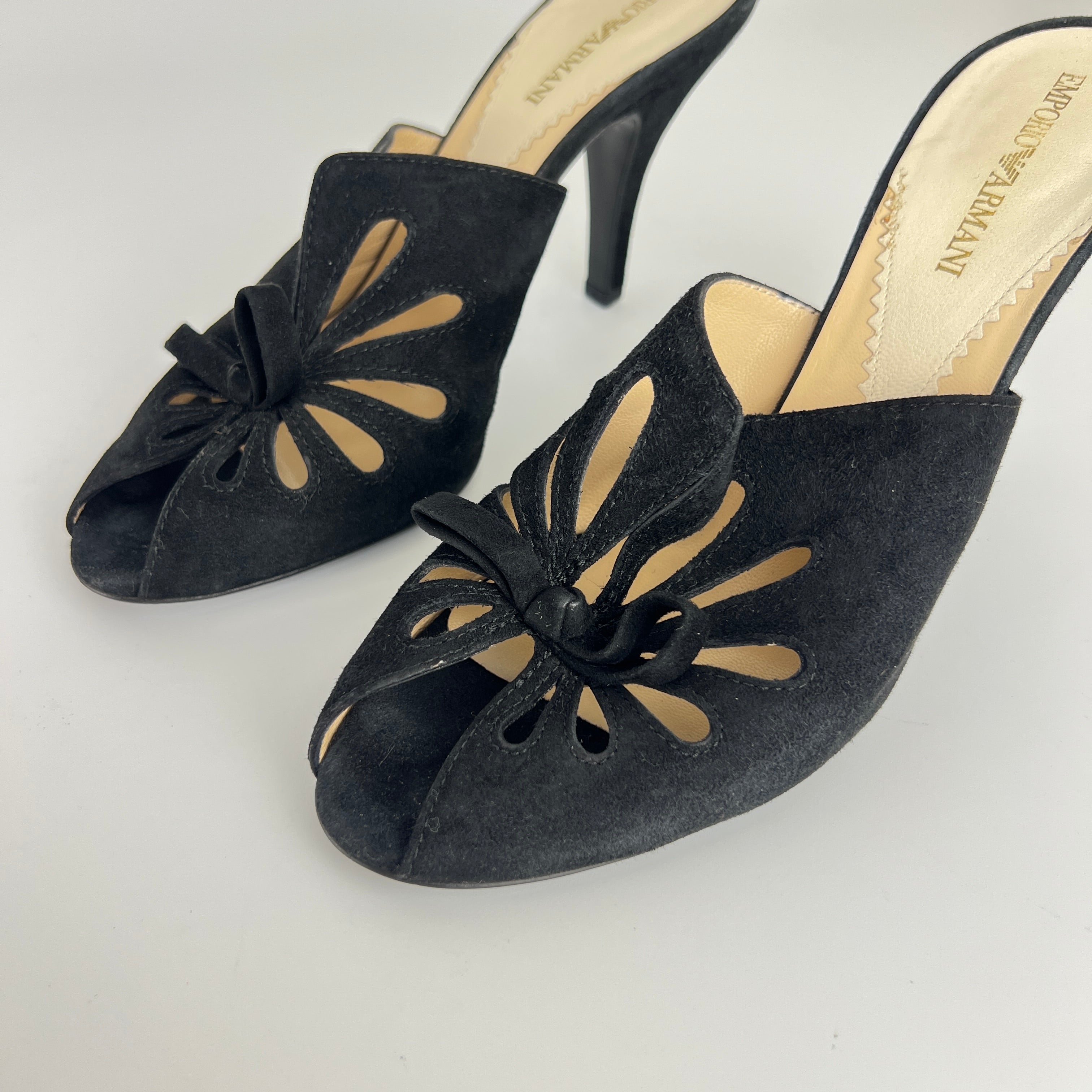 Armani | Black Suede Leather Cut-Out Slide Mules (38.5)