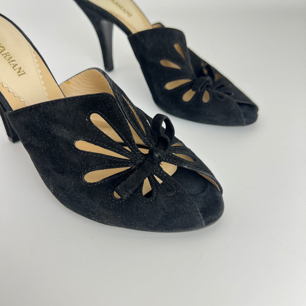 Armani | Black Suede Leather Cut-Out Slide Mules (38.5)