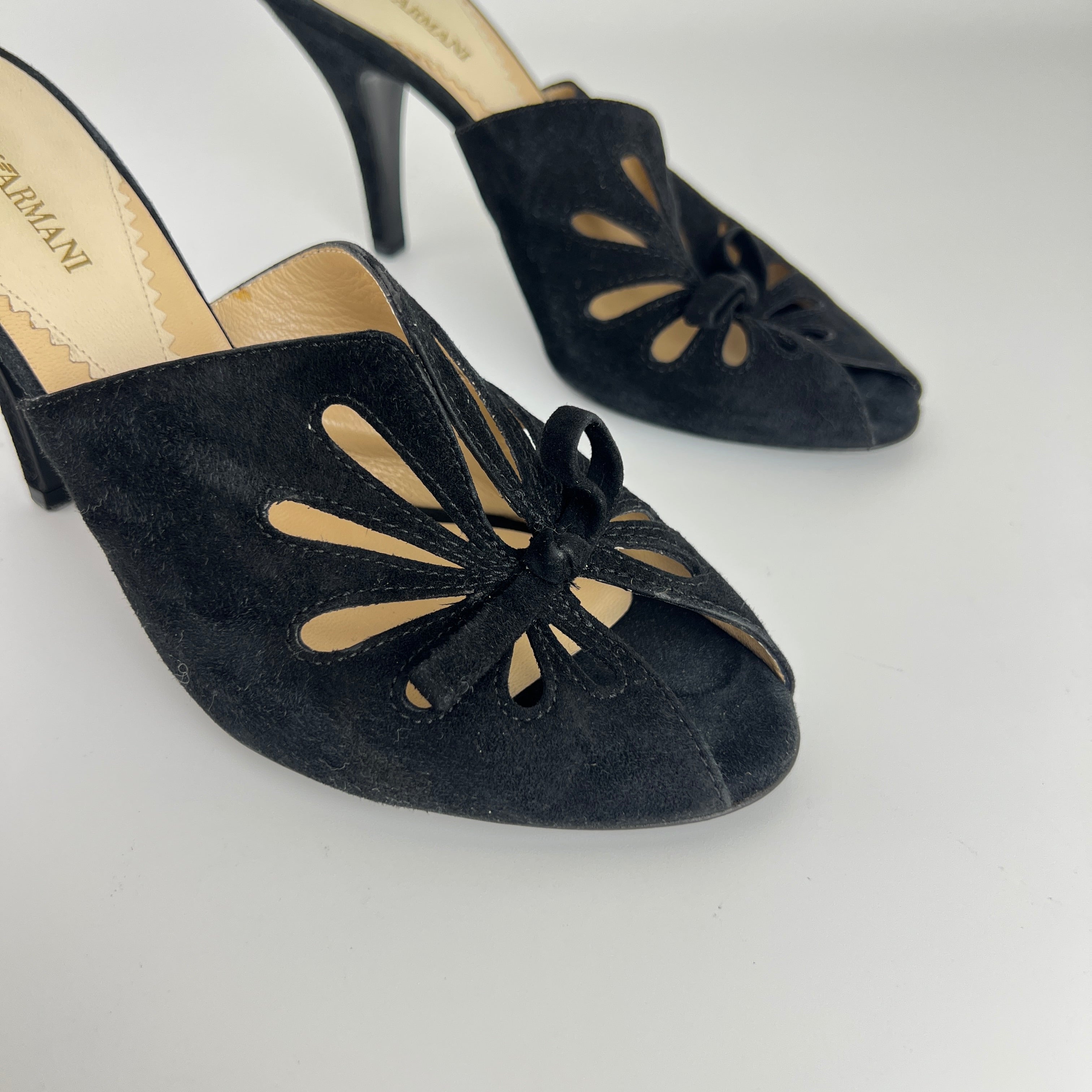 Armani | Black Suede Leather Cut-Out Slide Mules (38.5)