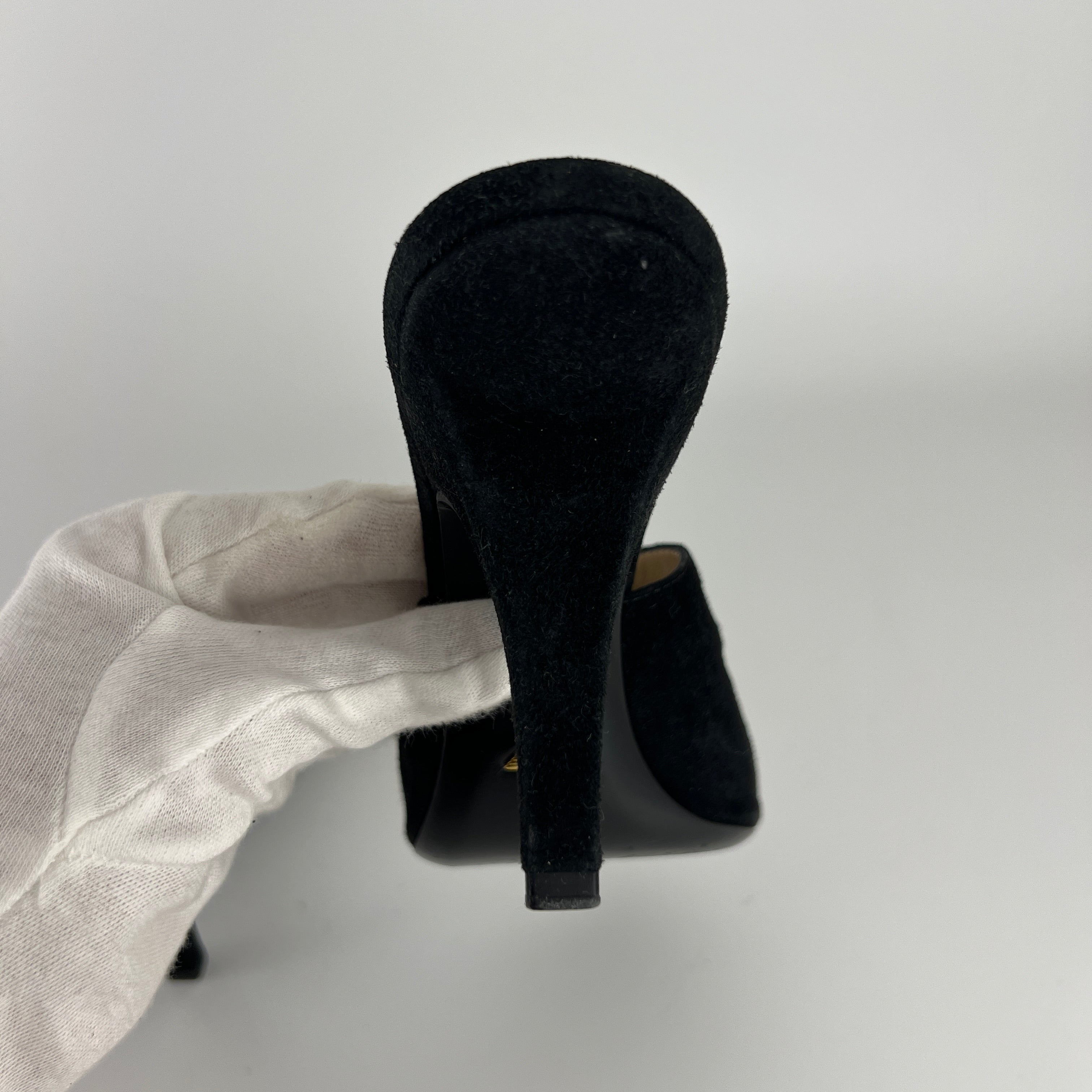 Armani | Black Suede Leather Cut-Out Slide Mules (38.5)