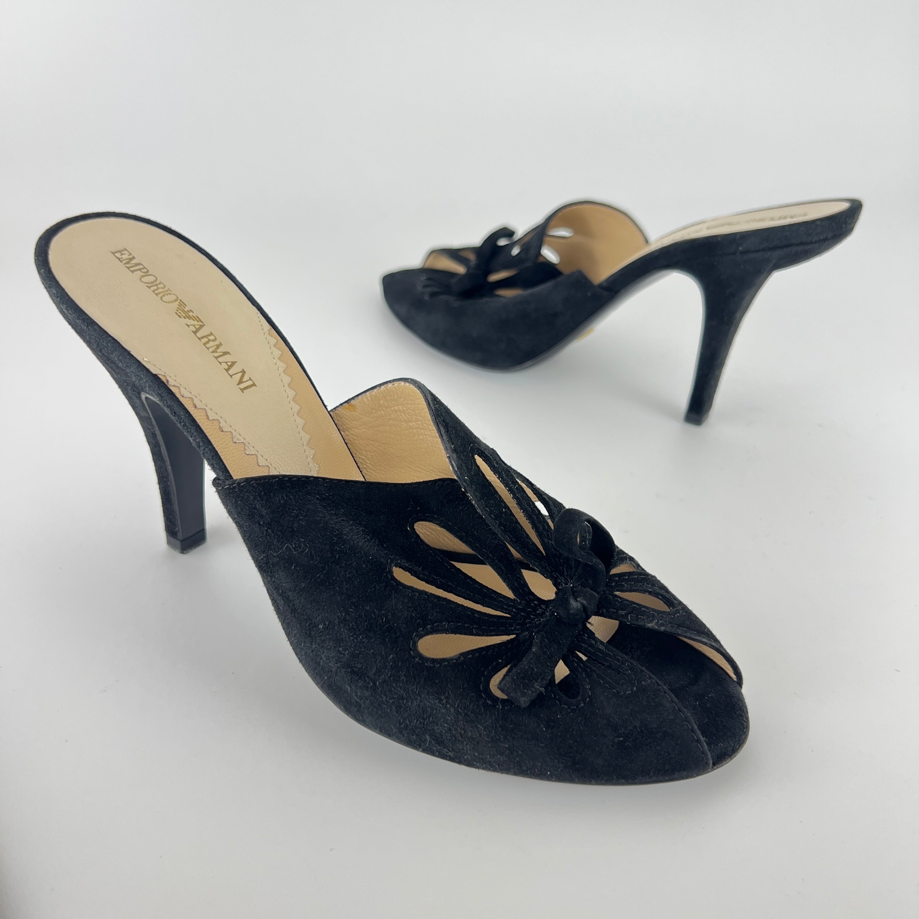 Armani | Black Suede Leather Cut-Out Slide Mules (38.5)