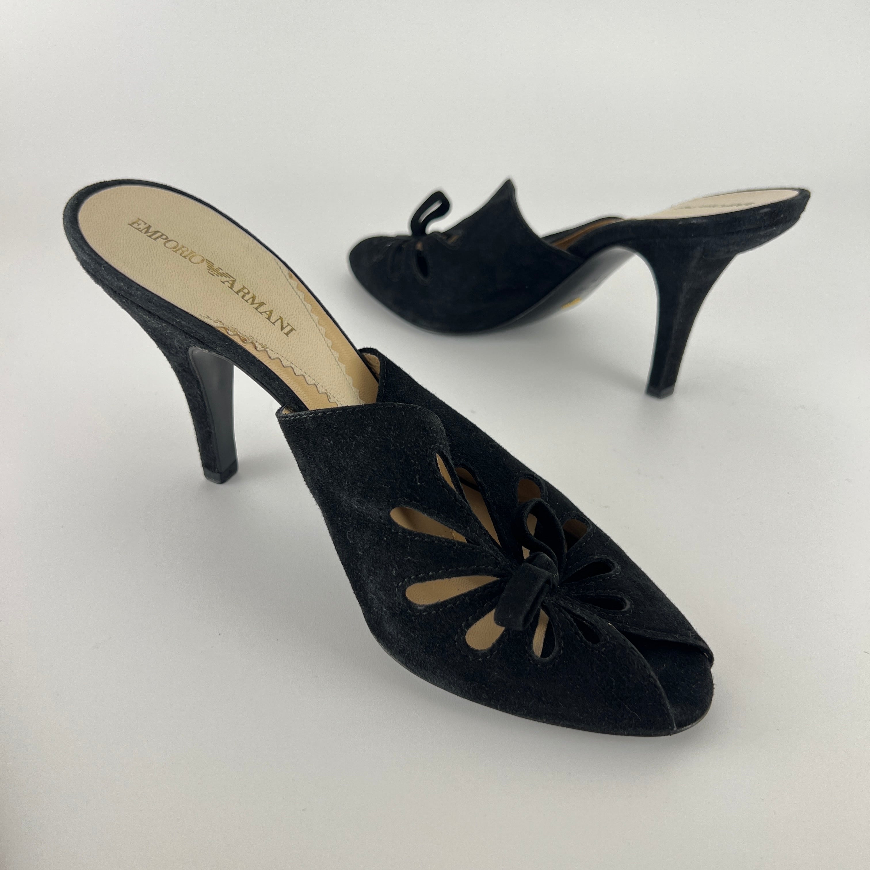 Armani | Black Suede Leather Cut-Out Slide Mules (38.5)