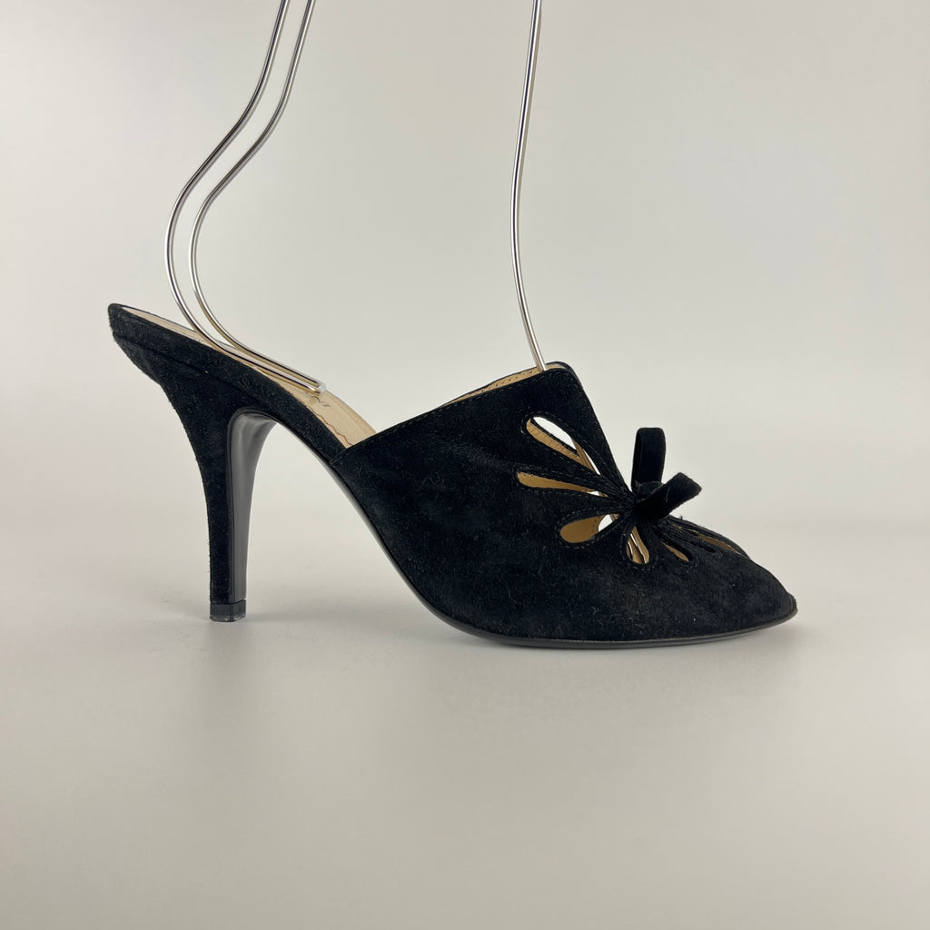 Armani | Black Suede Leather Cut-Out Slide Mules (38.5)