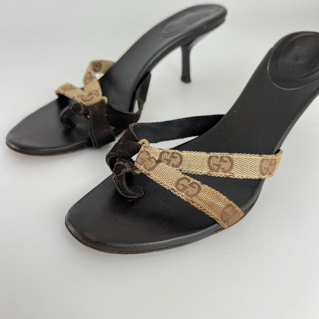 Gucci | Vintage Tom Ford Era GG Monogram Thong Strappy Sandal Heels (38)