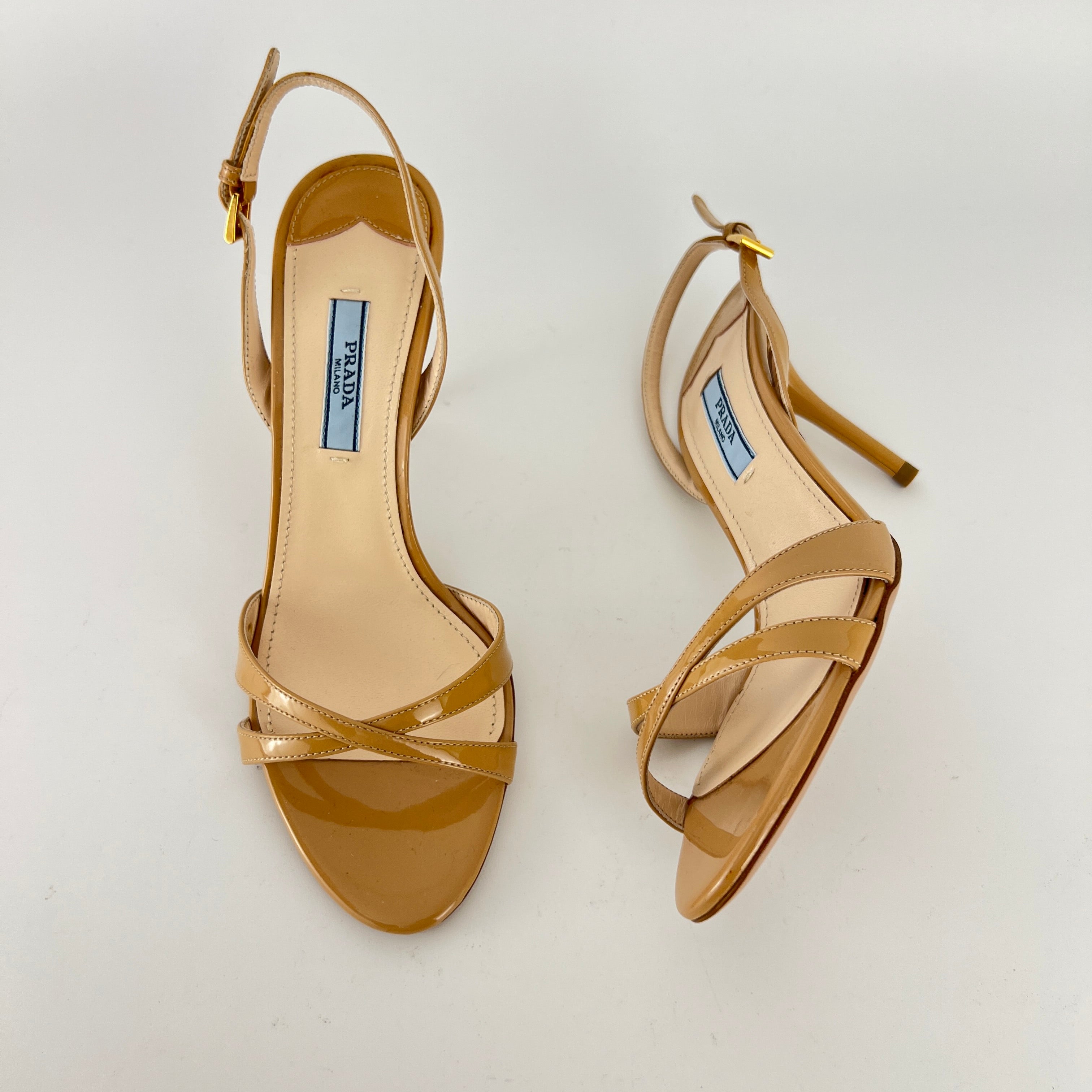 Prada | Nude Patent Leather Criss Cross Slingback Stiletto Heels (36.5)