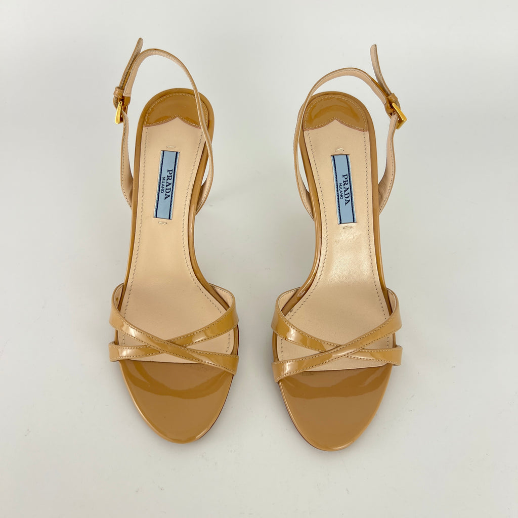 Prada | Nude Patent Leather Criss Cross Slingback Stiletto Heels (36.5)