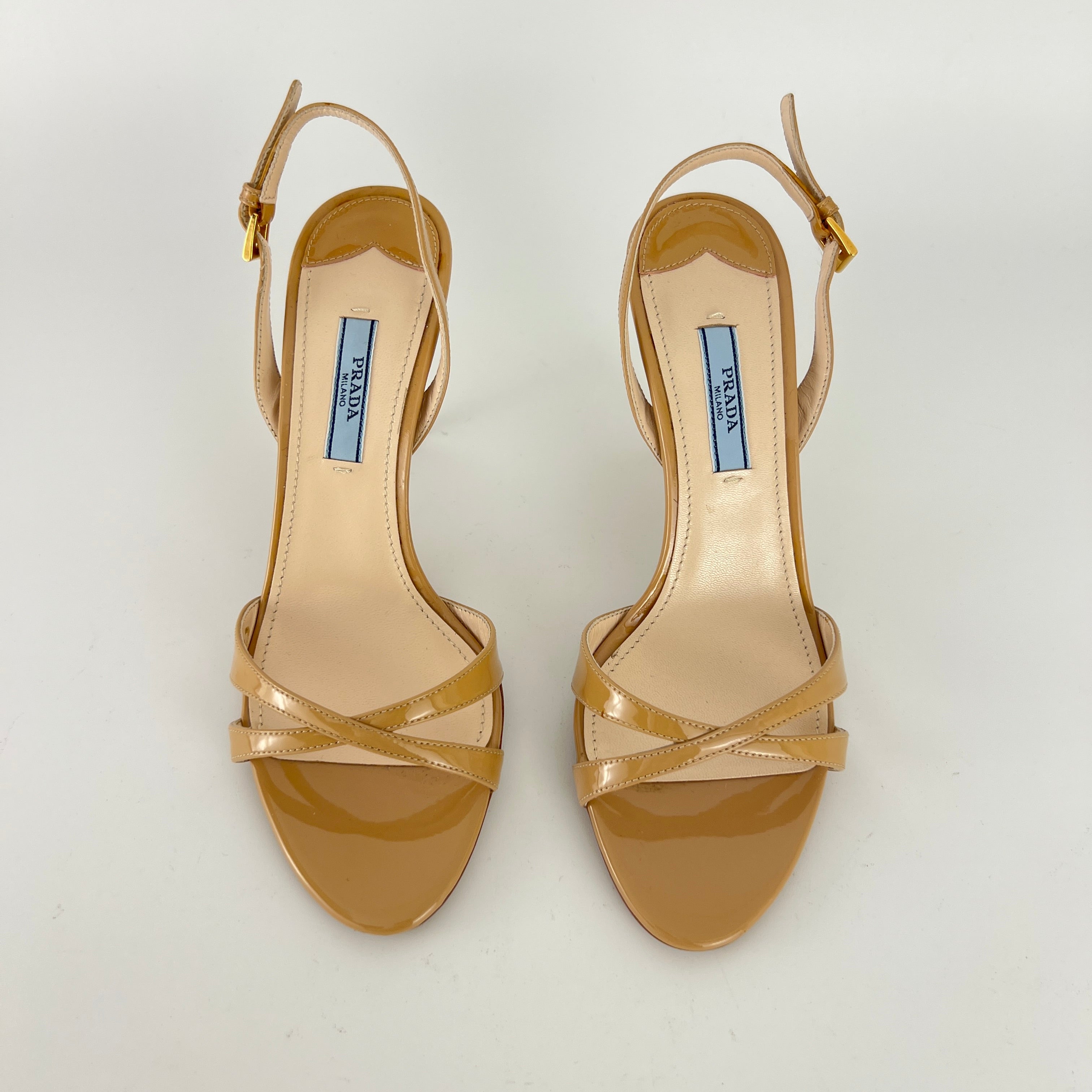 Prada | Nude Patent Leather Criss Cross Slingback Stiletto Heels (36.5)