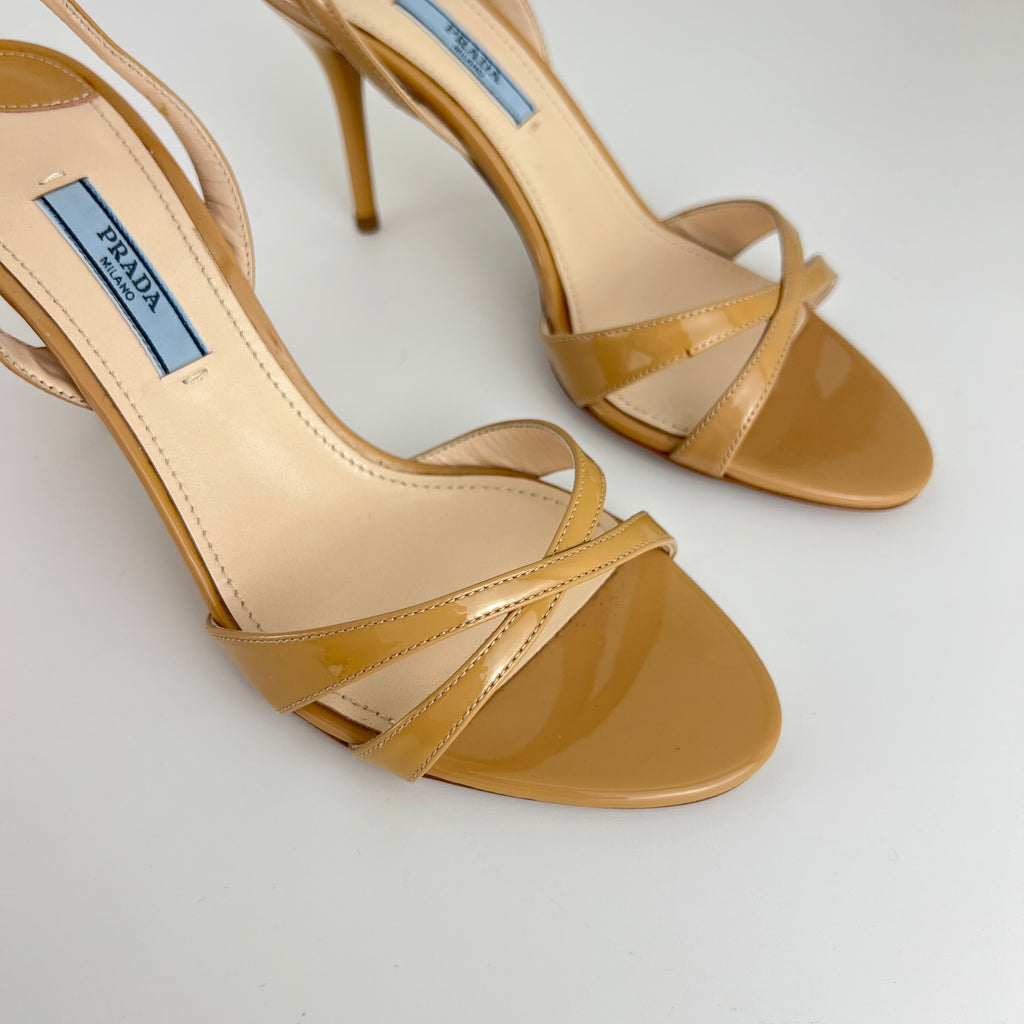 Prada | Nude Patent Leather Criss Cross Slingback Stiletto Heels (36.5)
