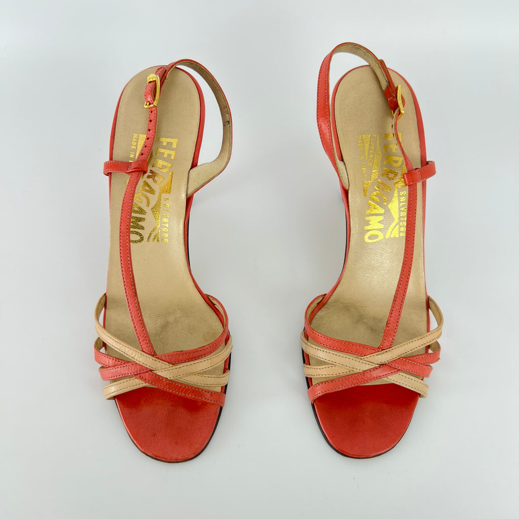 Ferragamo | Vintage Pink Leather T-Strap Strappy Slingback Sandal Heels (35.5)