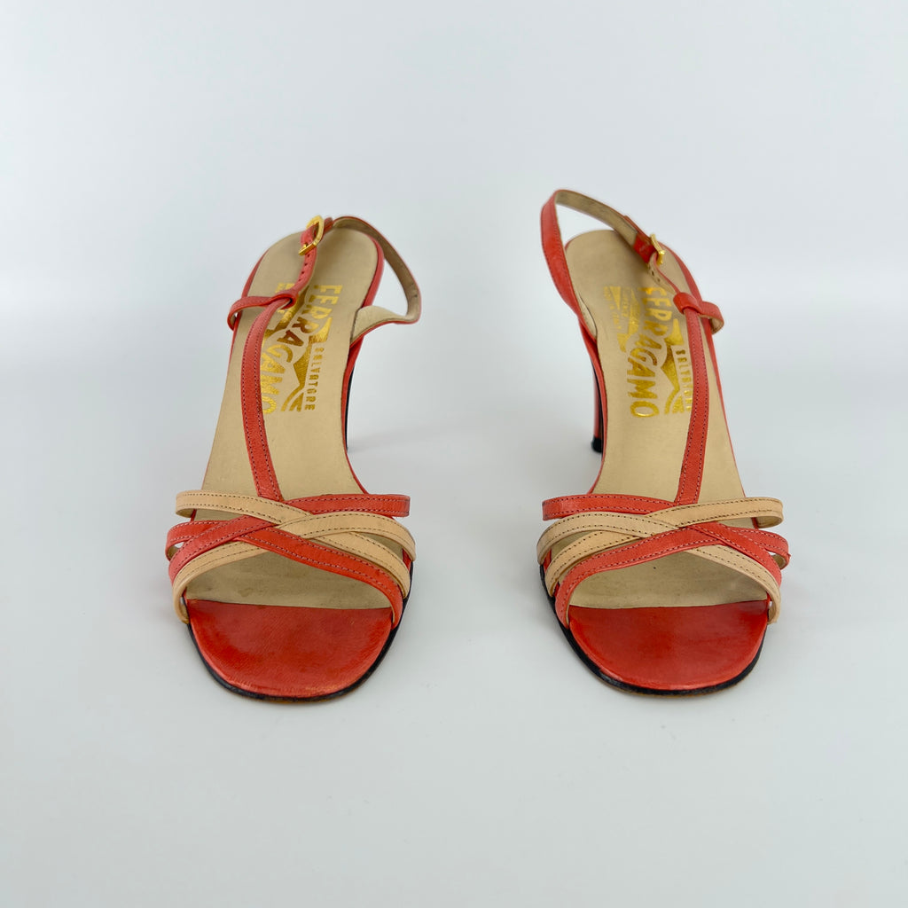 Ferragamo | Vintage Pink Leather T-Strap Strappy Slingback Sandal Heels (35.5)