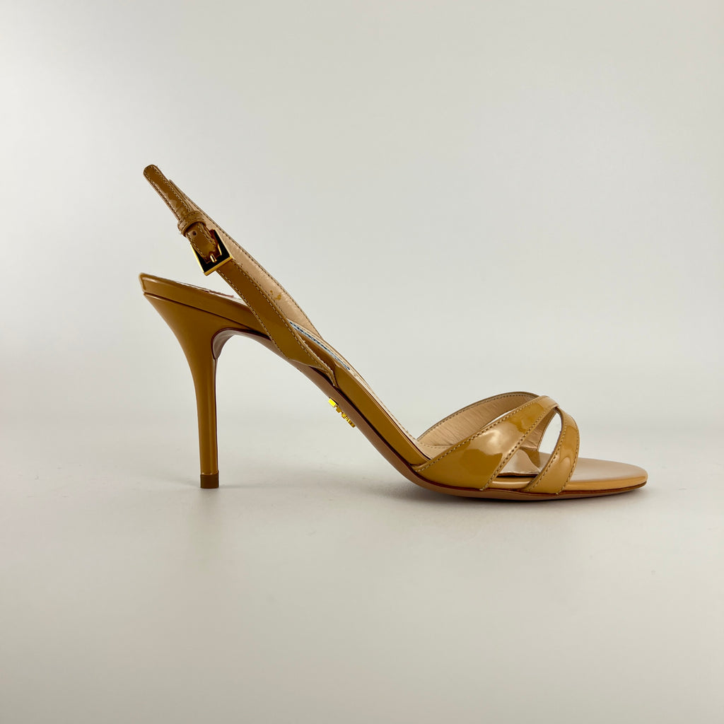Prada | Nude Patent Leather Criss Cross Slingback Stiletto Heels (36.5)