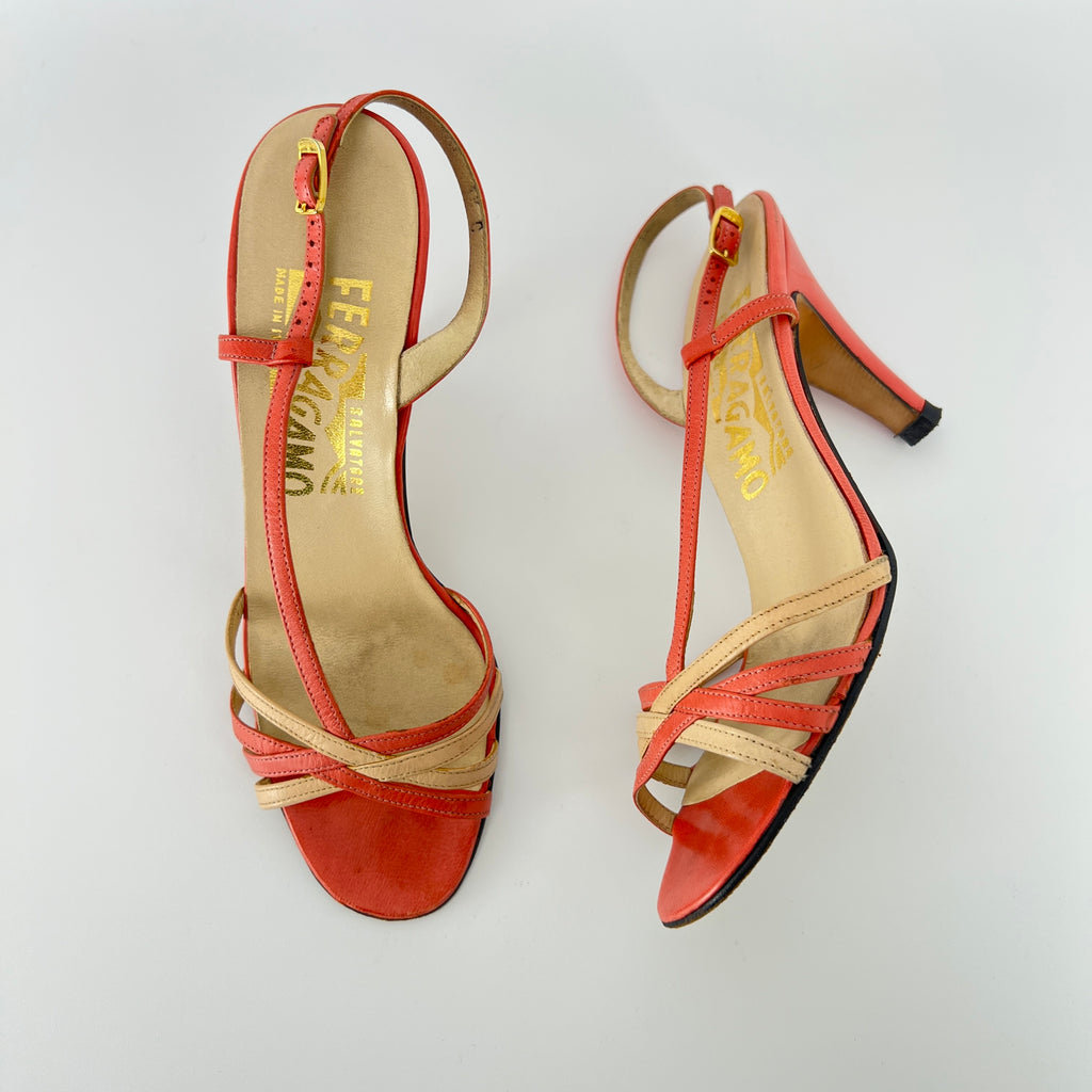 Ferragamo | Vintage Pink Leather T-Strap Strappy Slingback Sandal Heels (35.5)