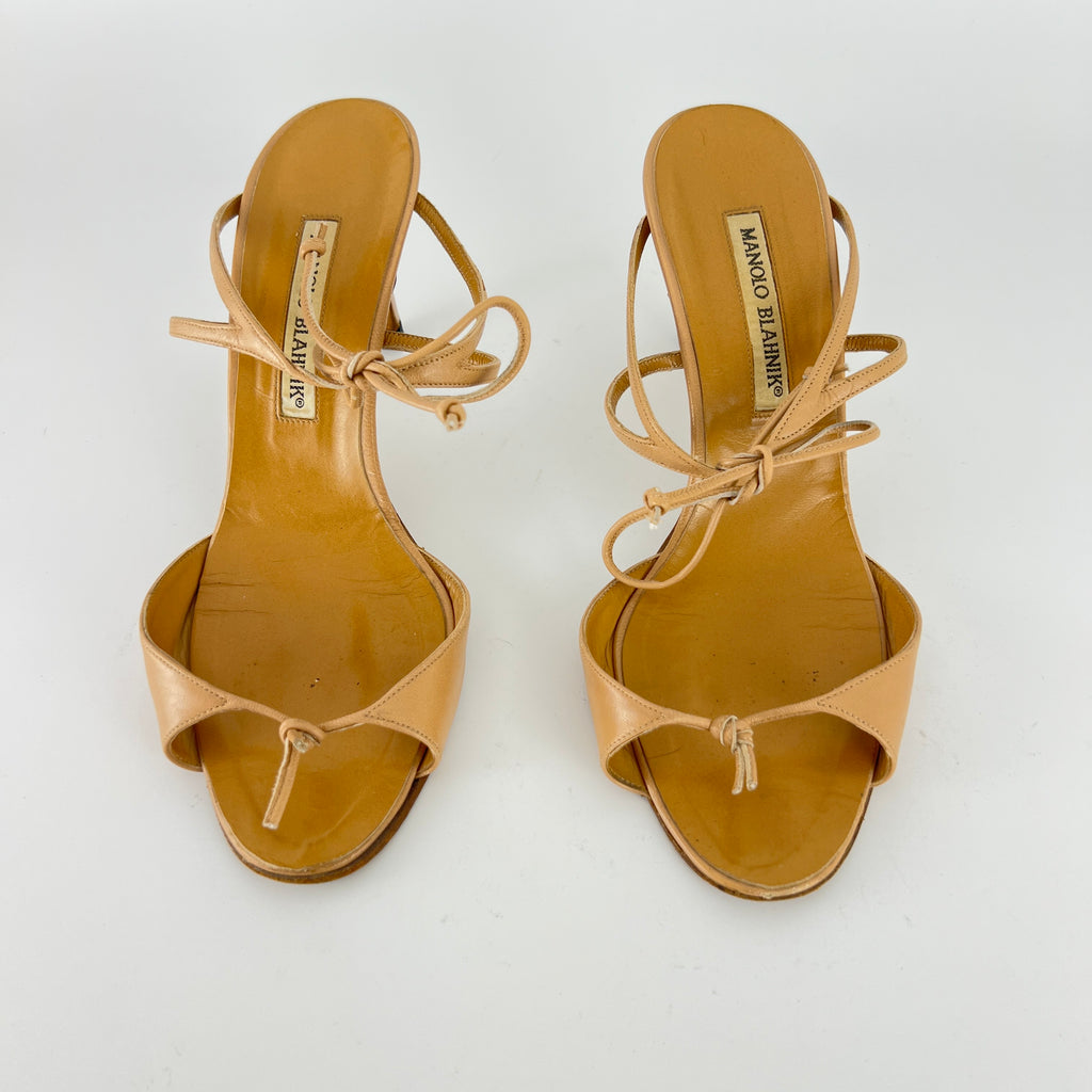Manolo Blahnik | Vintage Nude Leather Strappy Ribbon Bow Sandal Heels (38)