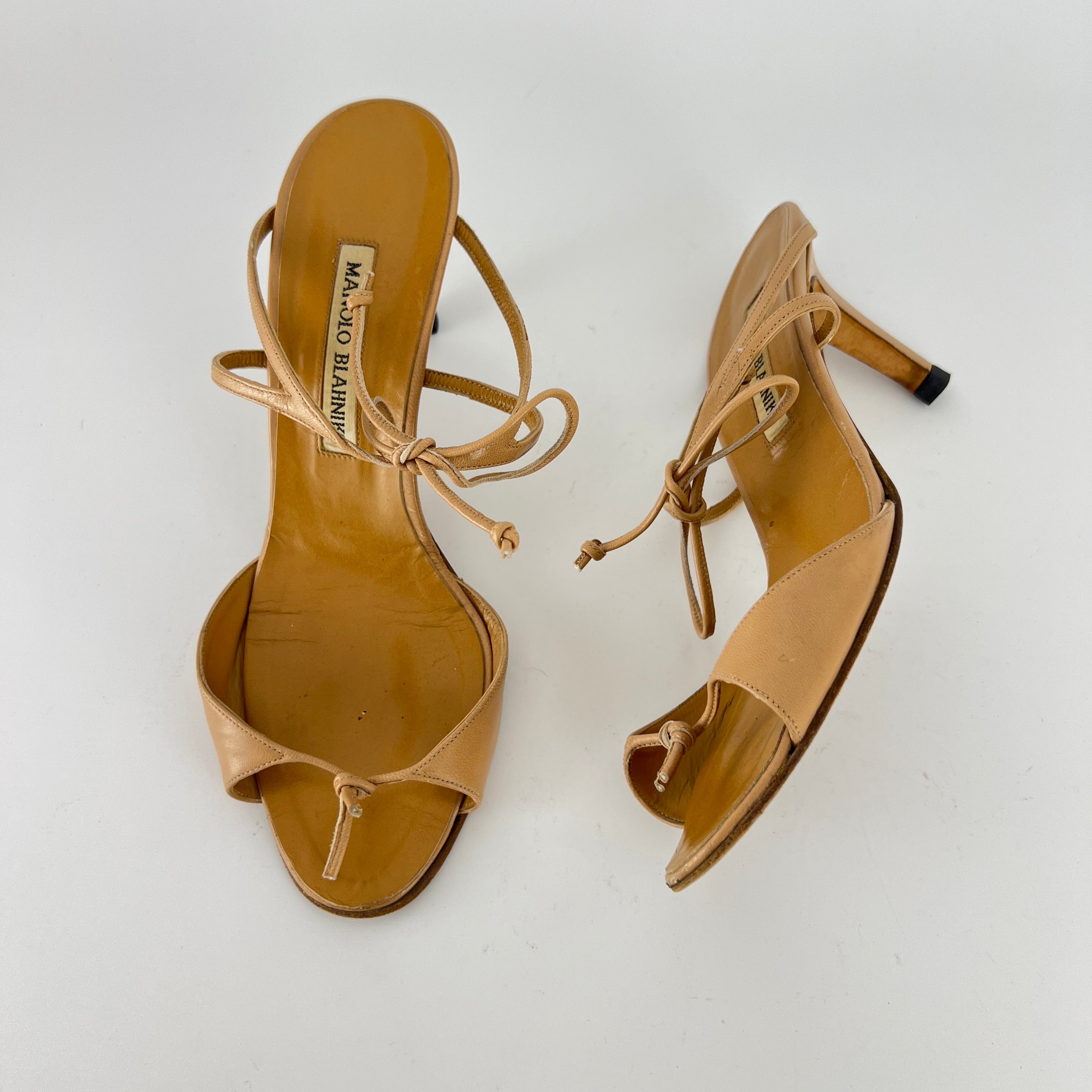 Manolo Blahnik | Vintage Nude Leather Strappy Ribbon Bow Sandal Heels (38)