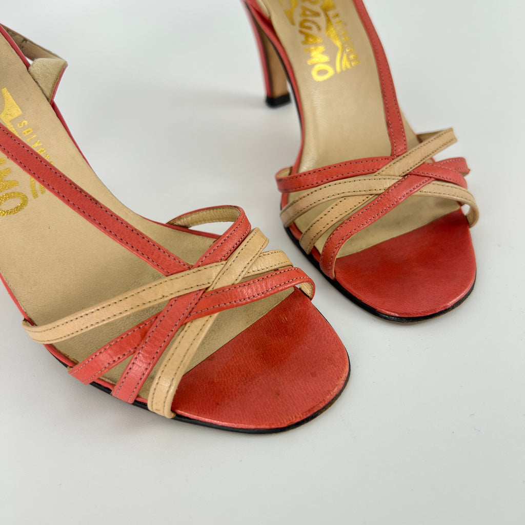 Ferragamo | Vintage Pink Leather T-Strap Strappy Slingback Sandal Heels (35.5)