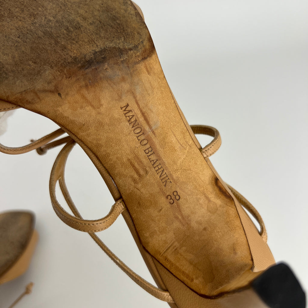 Manolo Blahnik | Vintage Nude Leather Strappy Ribbon Bow Sandal Heels (38)