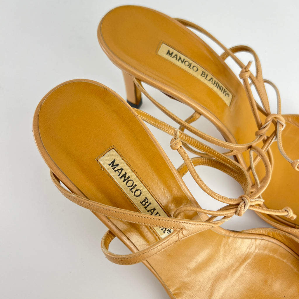 Manolo Blahnik | Vintage Nude Leather Strappy Ribbon Bow Sandal Heels (38)