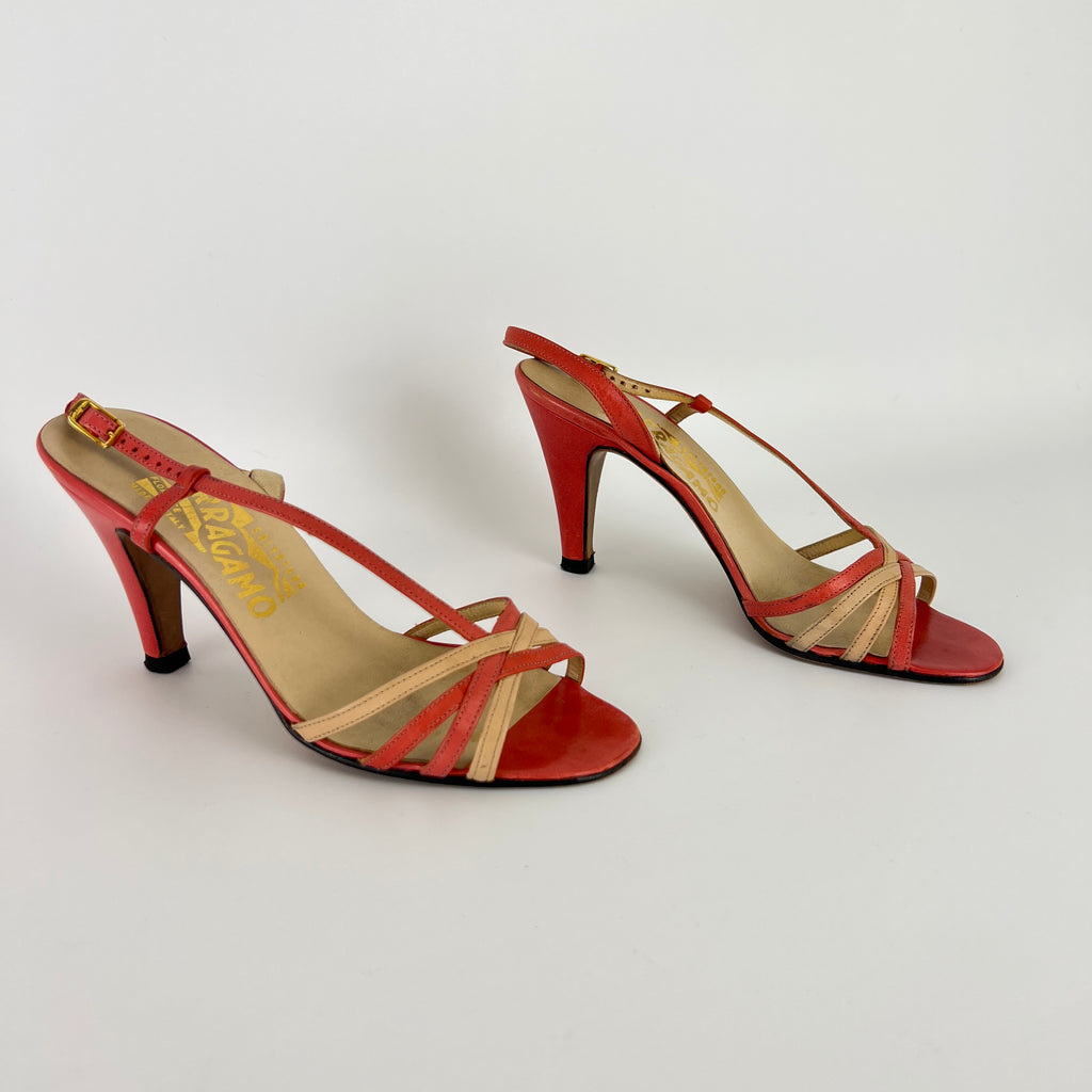 Ferragamo | Vintage Pink Leather T-Strap Strappy Slingback Sandal Heels (35.5)
