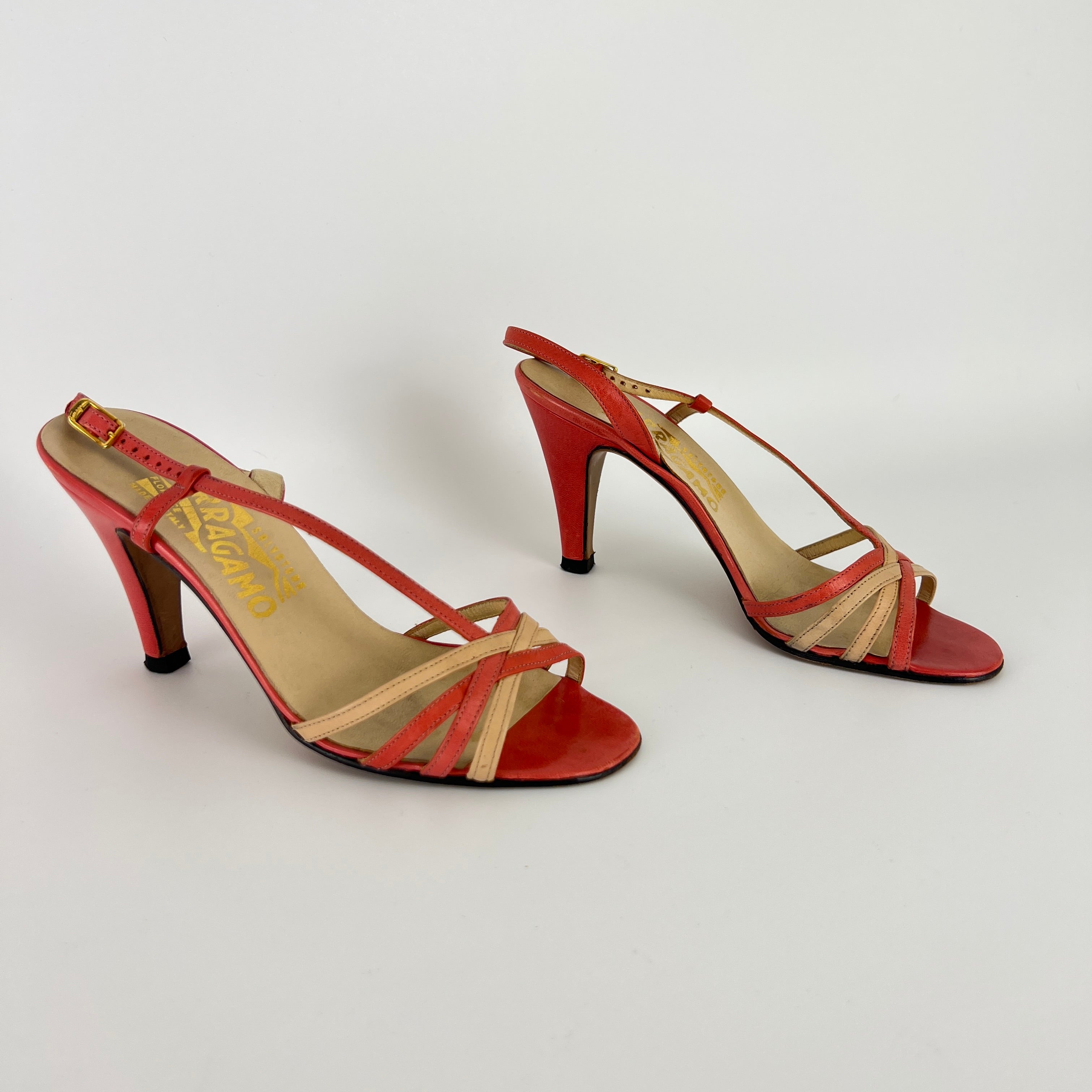 Ferragamo | Vintage Pink Leather T-Strap Strappy Slingback Sandal Heels (35.5)