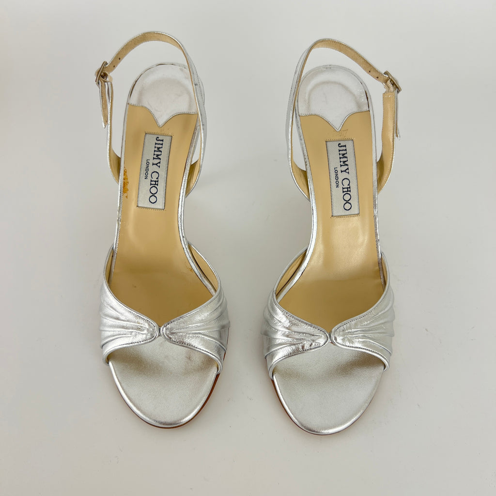 Jimmy Choo | Metallic Silver Peep Toe Slingback Sandal Heels (39)