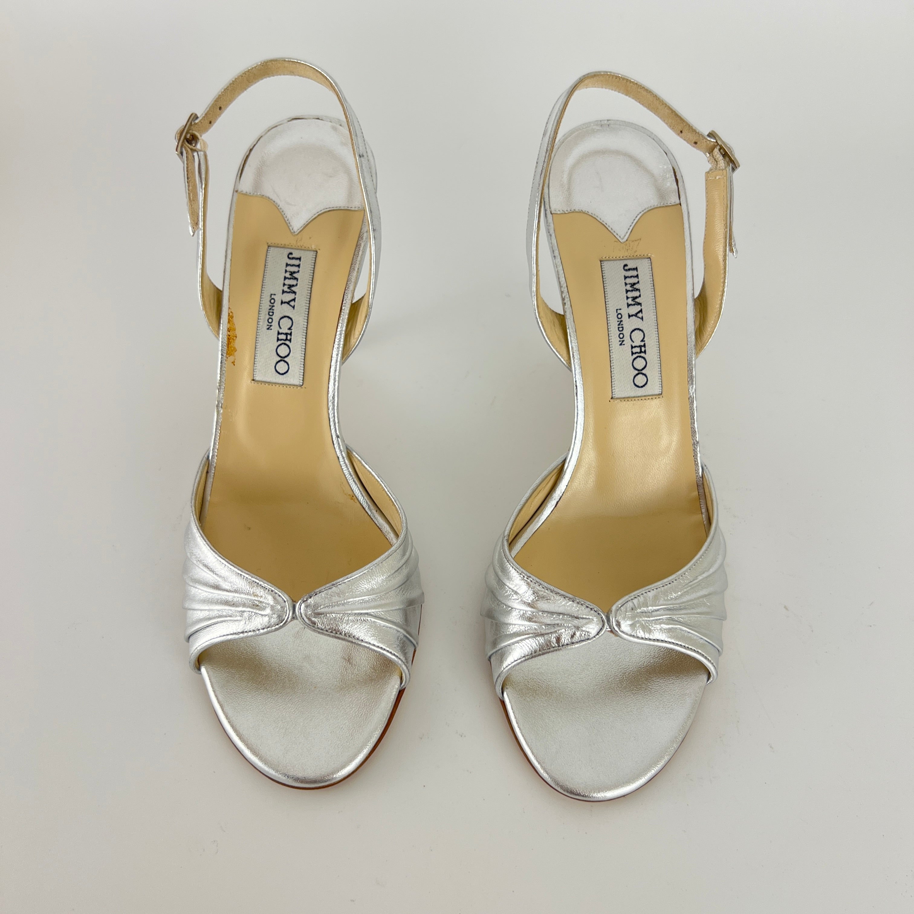 Jimmy Choo | Metallic Silver Peep Toe Slingback Sandal Heels (39)