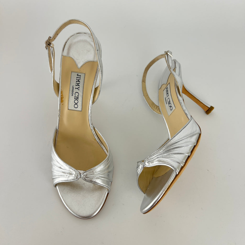 Jimmy Choo | Metallic Silver Peep Toe Slingback Sandal Heels (39)