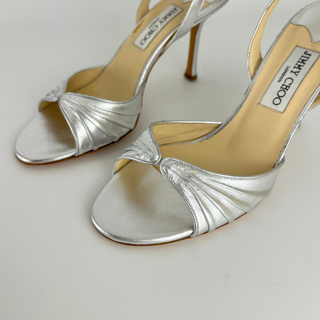 Jimmy Choo | Metallic Silver Peep Toe Slingback Sandal Heels (39)