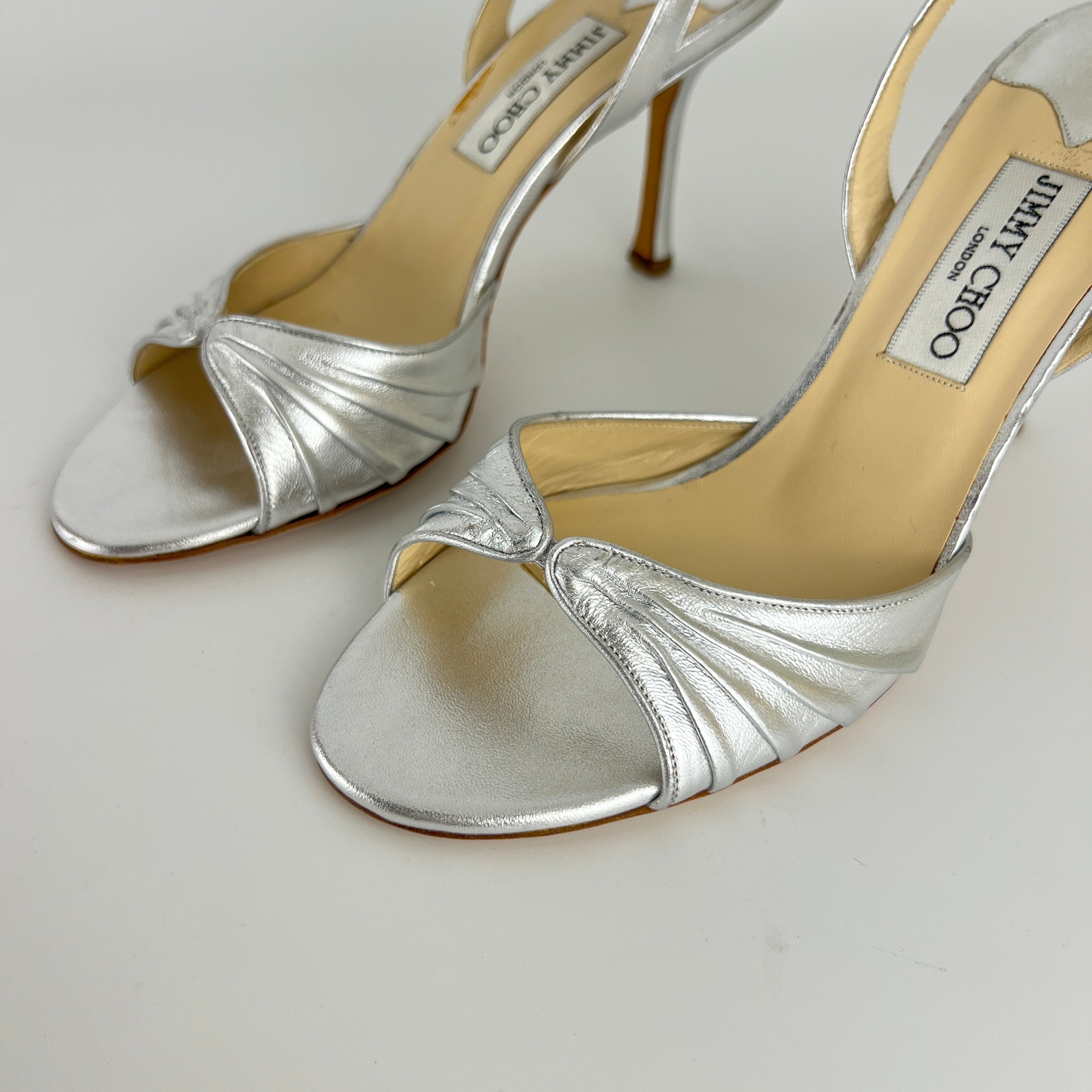 Jimmy Choo | Metallic Silver Peep Toe Slingback Sandal Heels (39)