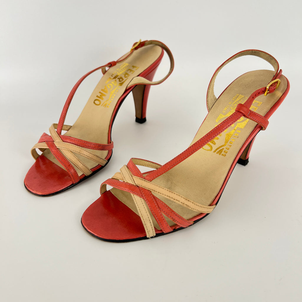 Ferragamo | Vintage Pink Leather T-Strap Strappy Slingback Sandal Heels (35.5)