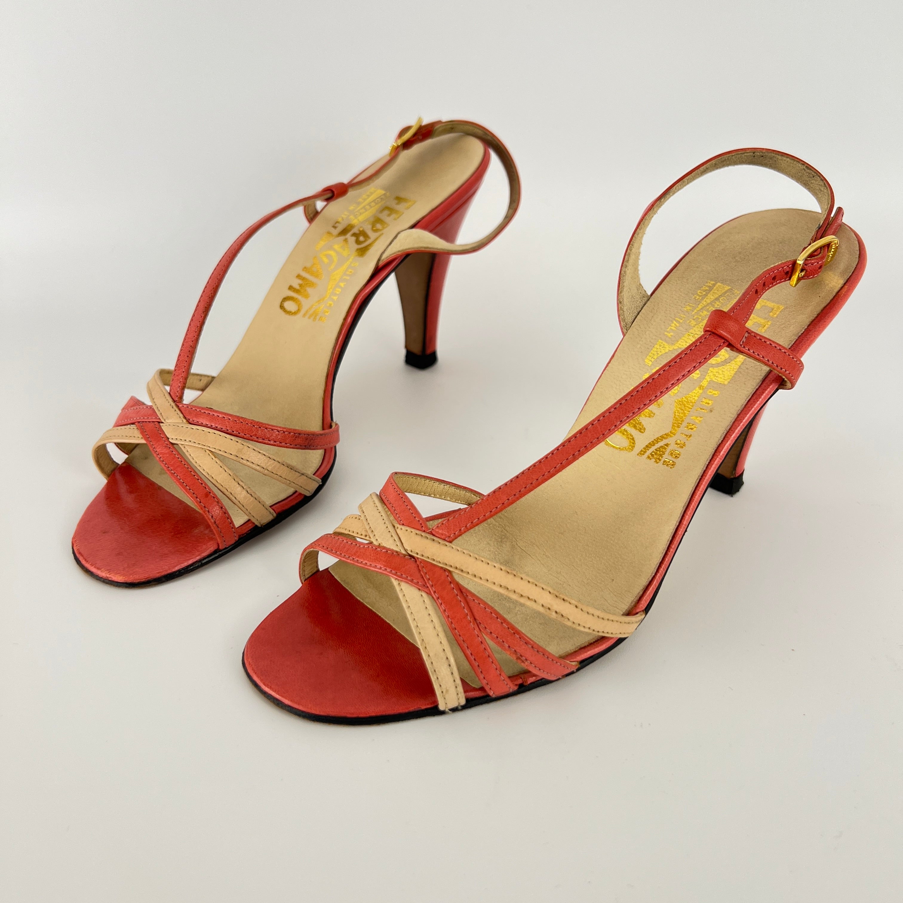 Ferragamo | Vintage Pink Leather T-Strap Strappy Slingback Sandal Heels (35.5)
