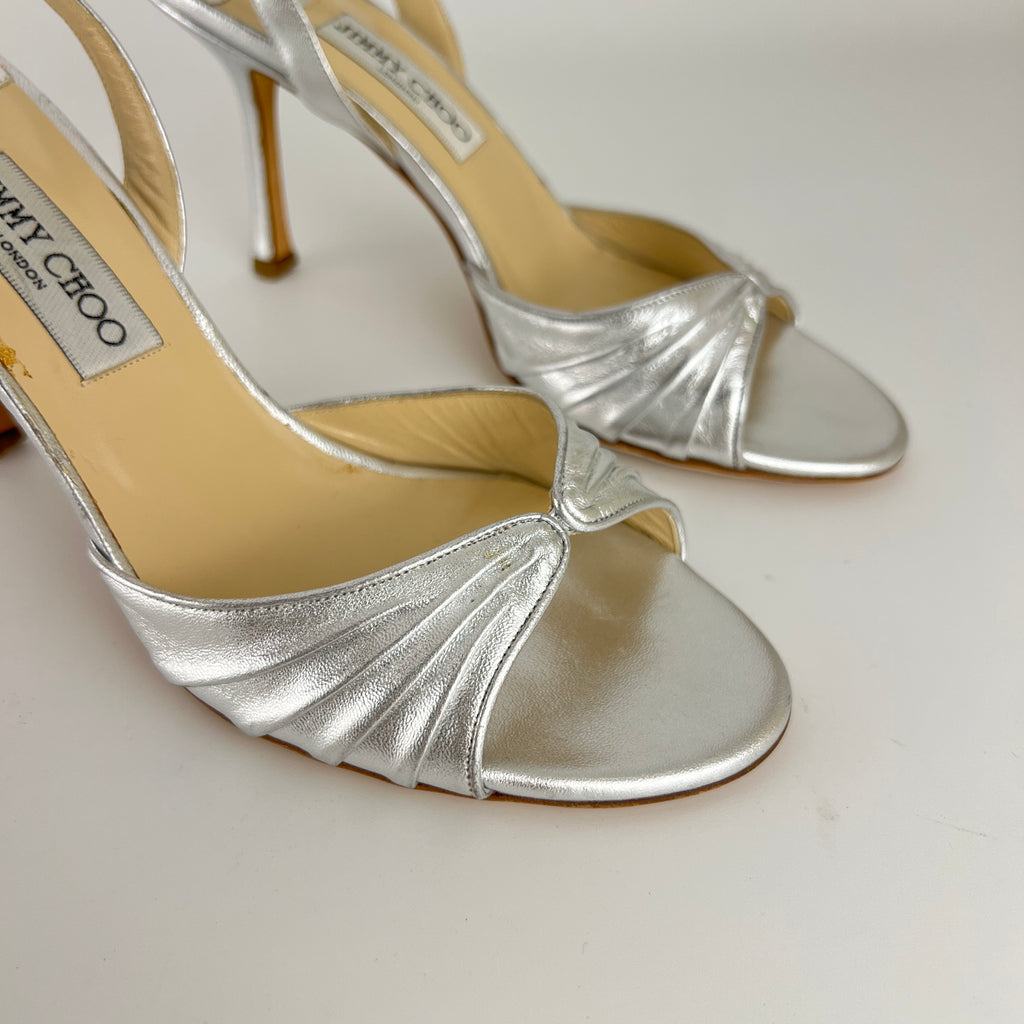 Jimmy Choo | Metallic Silver Peep Toe Slingback Sandal Heels (39)