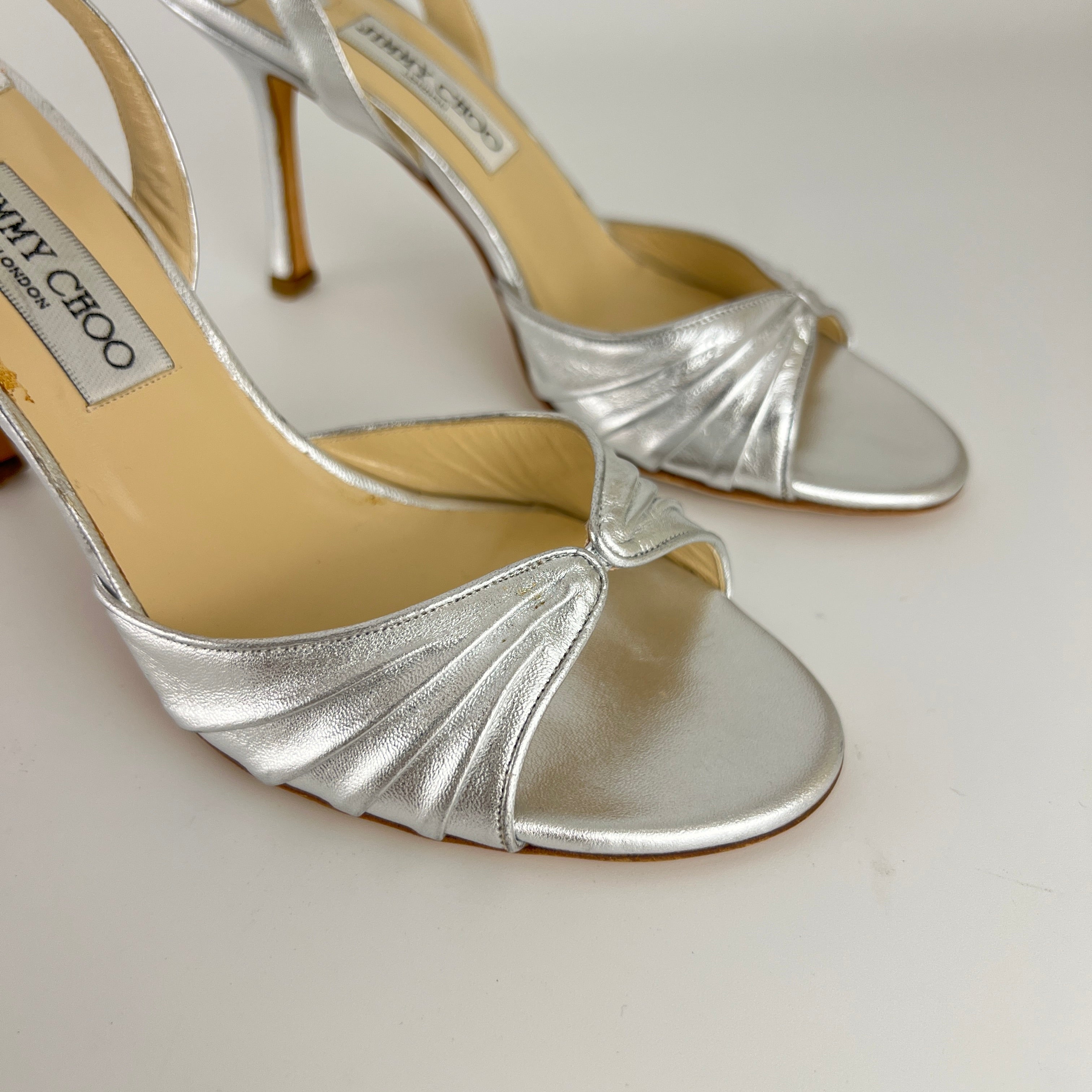 Jimmy Choo | Metallic Silver Peep Toe Slingback Sandal Heels (39)