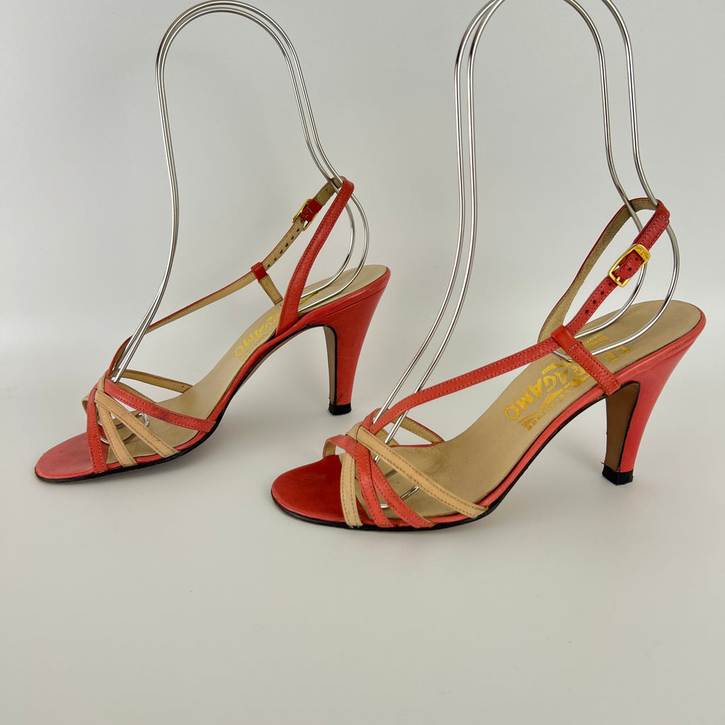 Ferragamo | Vintage Pink Leather T-Strap Strappy Slingback Sandal Heels (35.5)