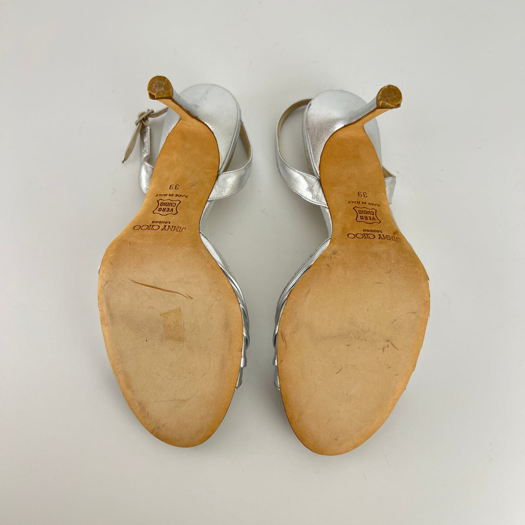 Jimmy Choo | Metallic Silver Peep Toe Slingback Sandal Heels (39)