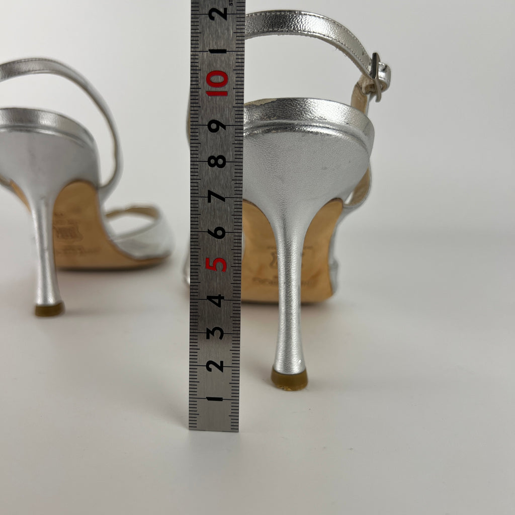 Jimmy Choo | Metallic Silver Peep Toe Slingback Sandal Heels (39)