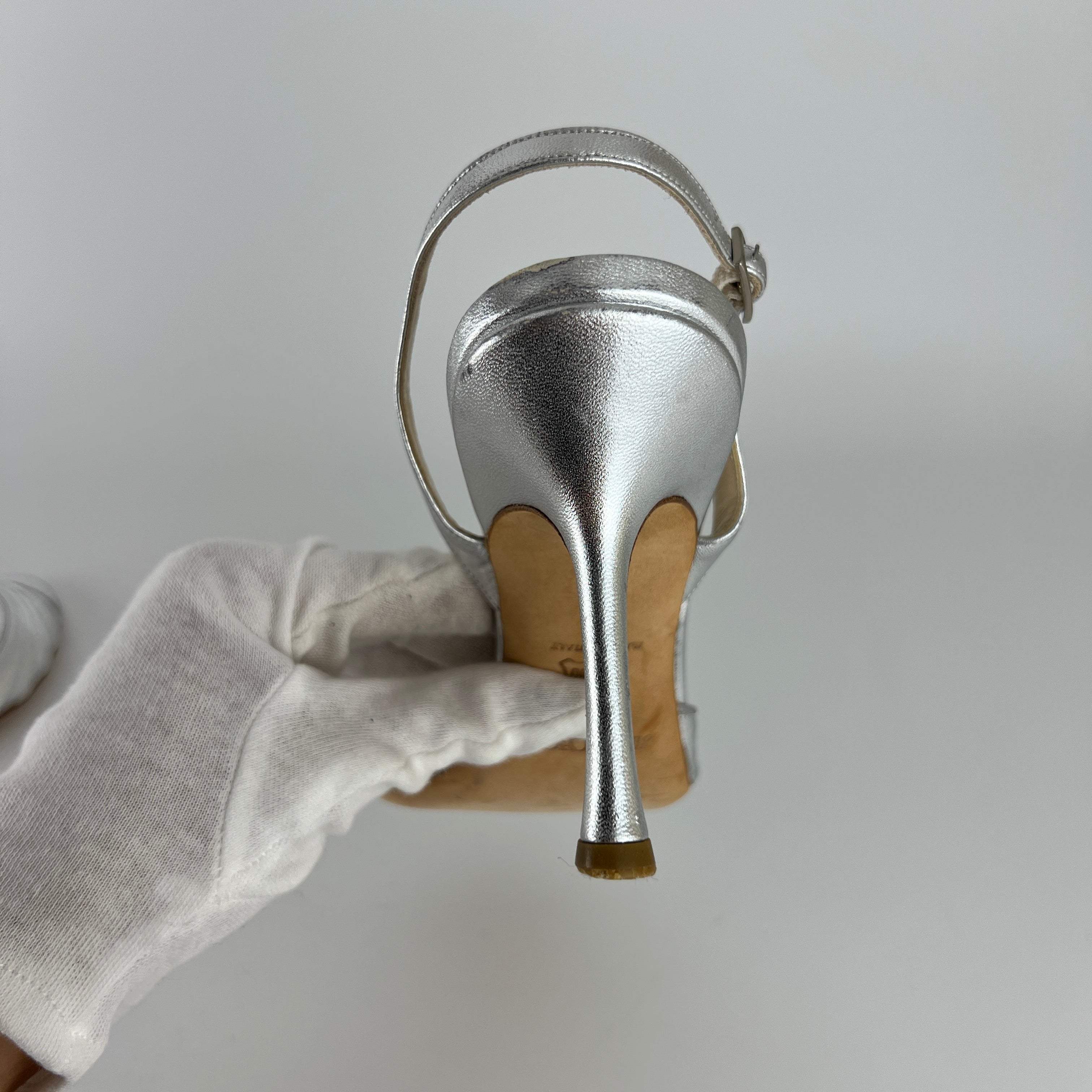 Jimmy Choo | Metallic Silver Peep Toe Slingback Sandal Heels (39)