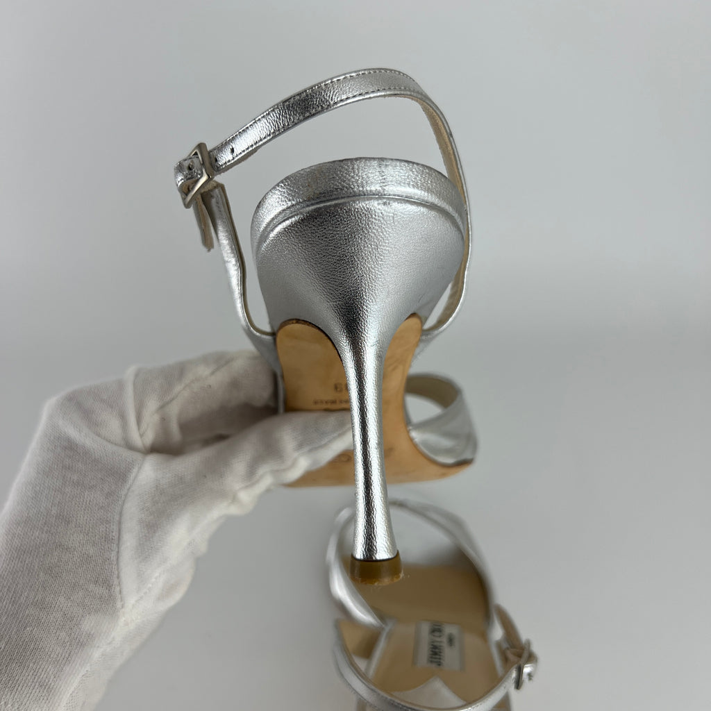 Jimmy Choo | Metallic Silver Peep Toe Slingback Sandal Heels (39)