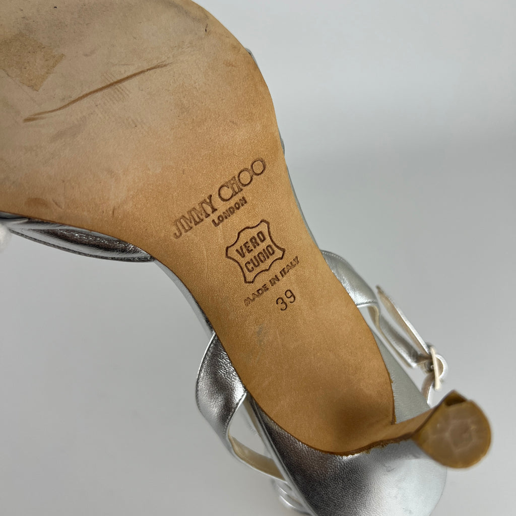 Jimmy Choo | Metallic Silver Peep Toe Slingback Sandal Heels (39)