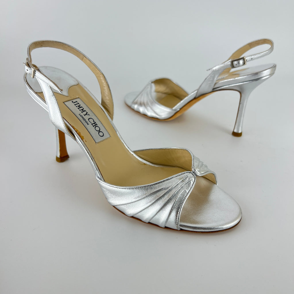 Jimmy Choo | Metallic Silver Peep Toe Slingback Sandal Heels (39)