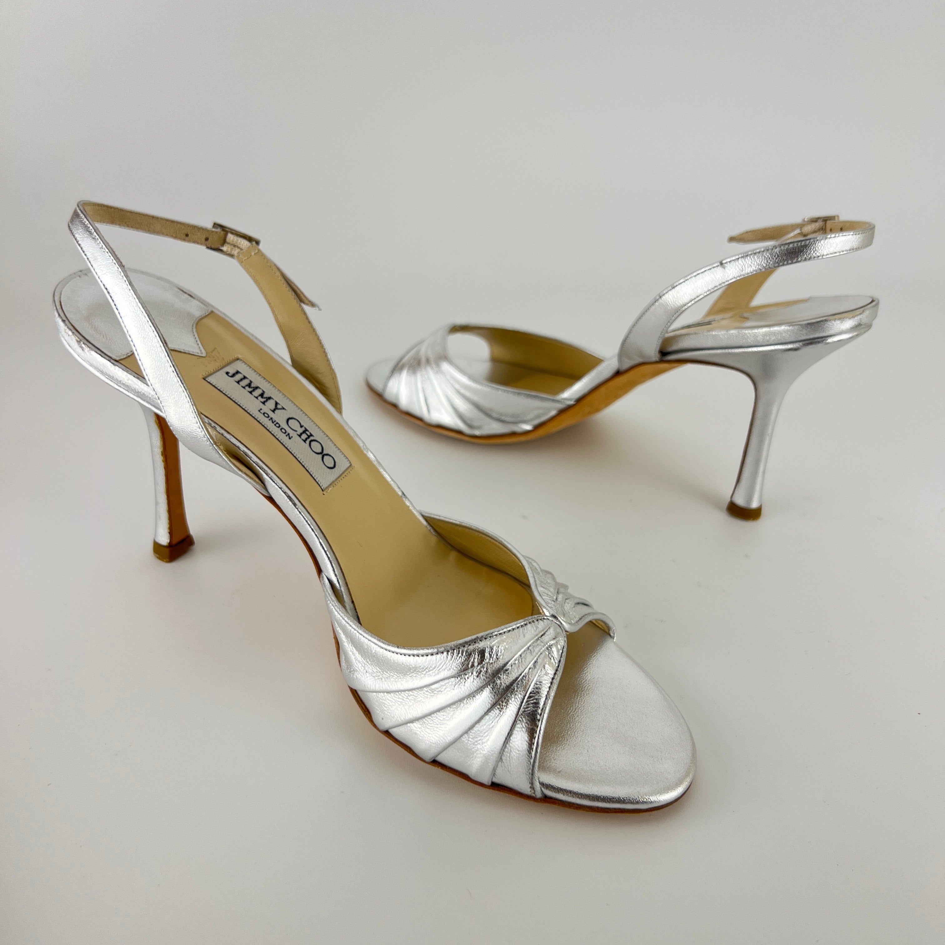 Jimmy Choo | Metallic Silver Peep Toe Slingback Sandal Heels (39)