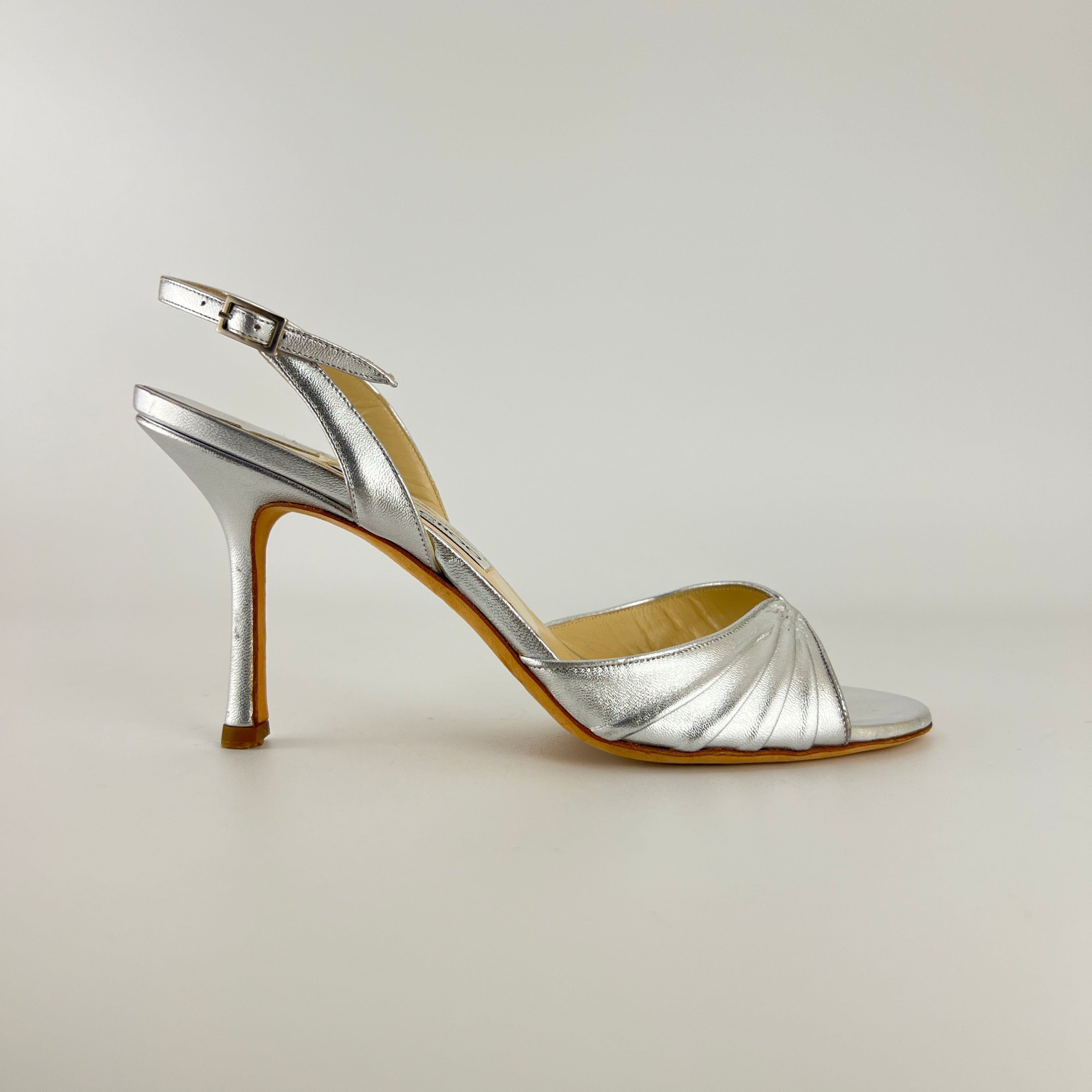 Jimmy Choo | Metallic Silver Peep Toe Slingback Sandal Heels (39)
