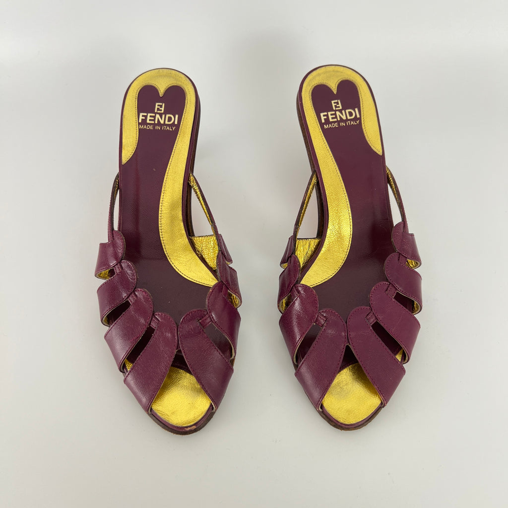 Fendi | Vintage Purple Red Leather Strappy Peep Toe Kitten Heel Sandal Mules (35)
