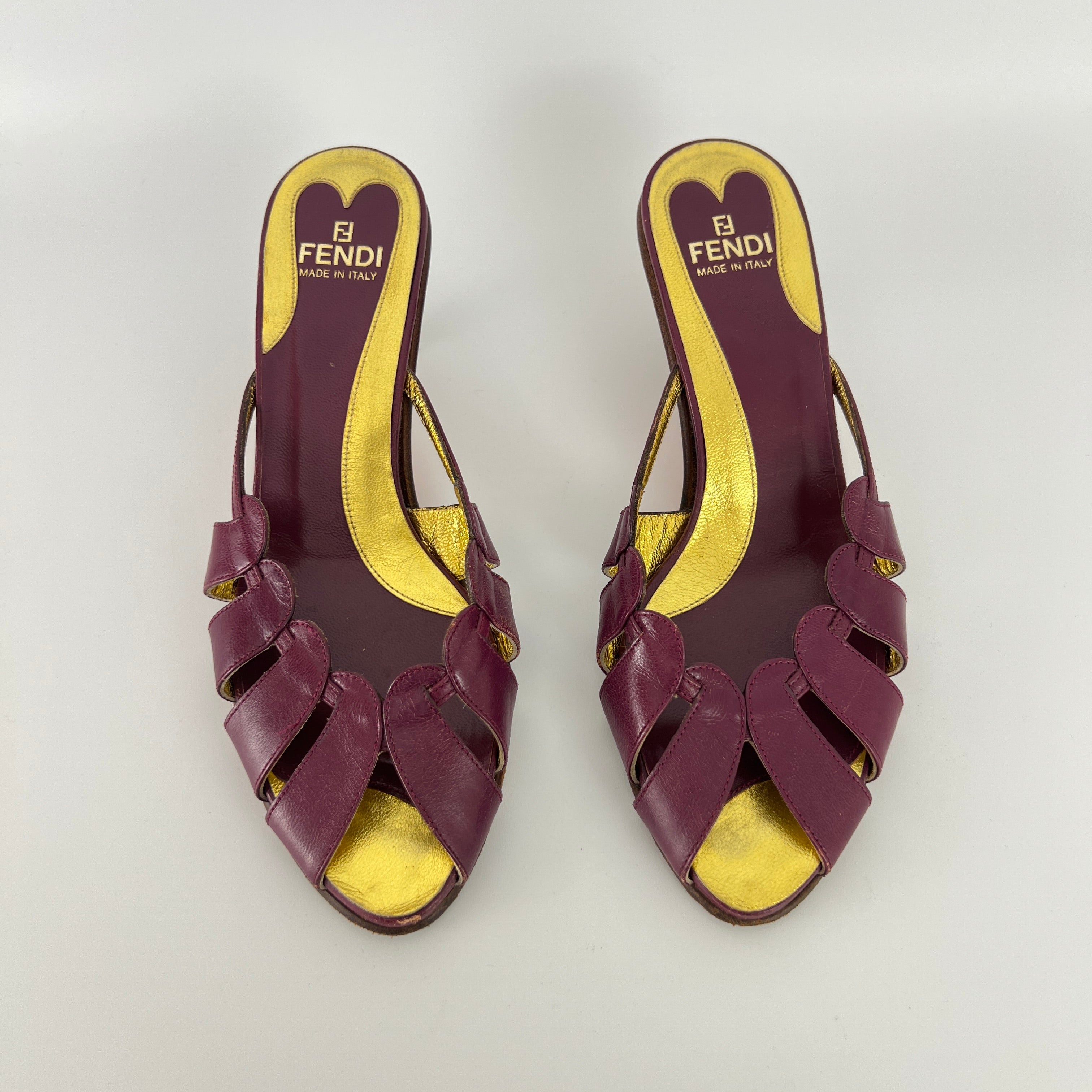 Fendi | Vintage Purple Red Leather Strappy Peep Toe Kitten Heel Sandal Mules (35)