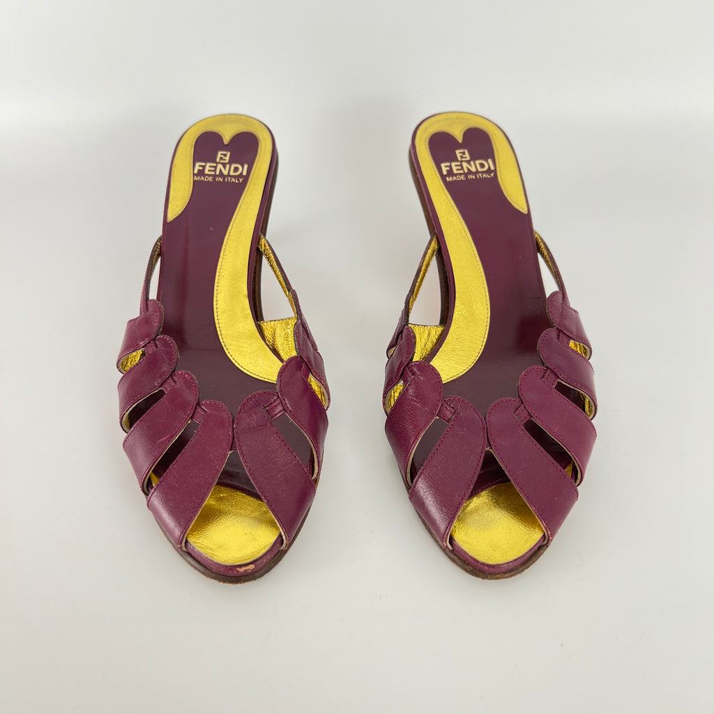 Fendi | Vintage Purple Red Leather Strappy Peep Toe Kitten Heel Sandal Mules (35)
