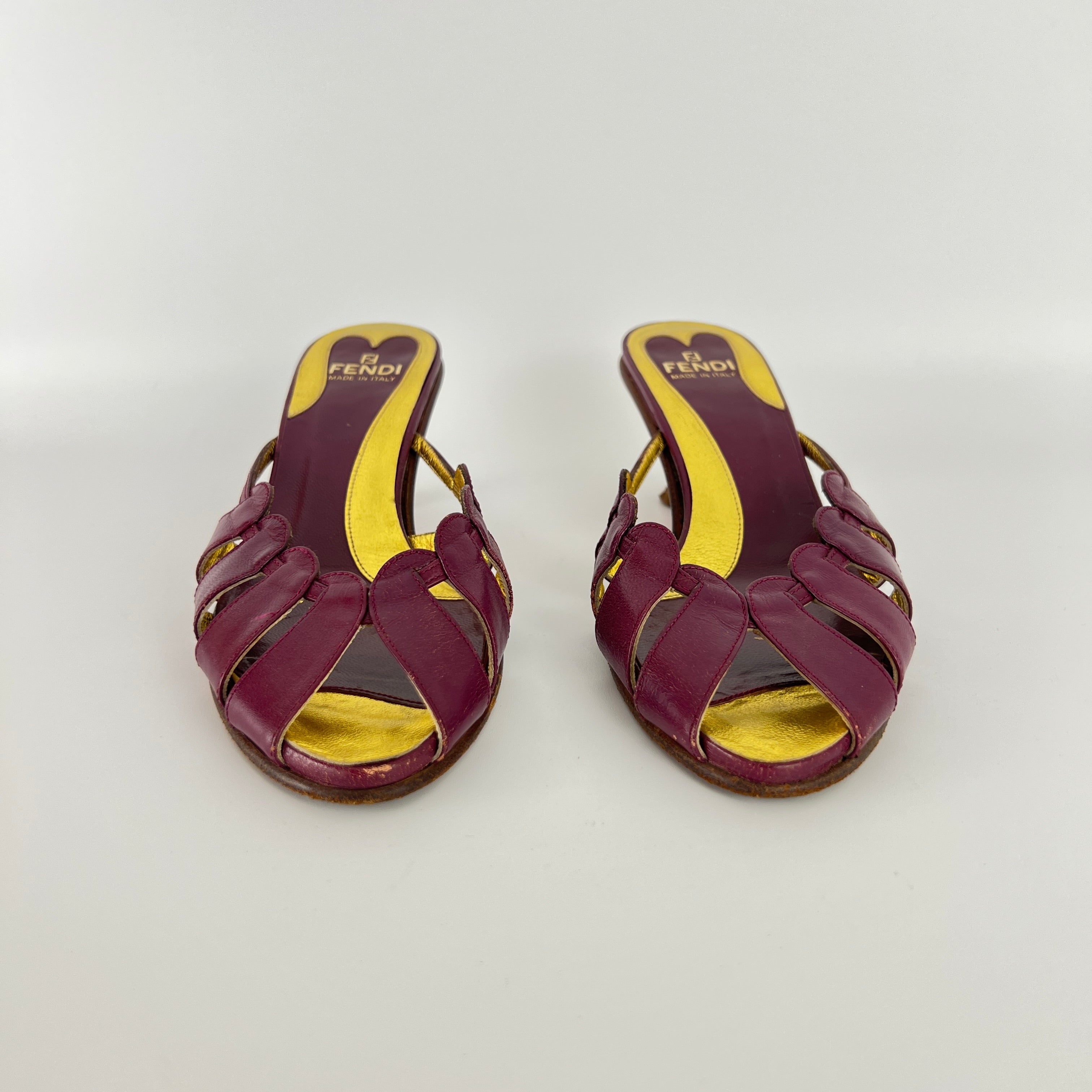 Fendi | Vintage Purple Red Leather Strappy Peep Toe Kitten Heel Sandal Mules (35)