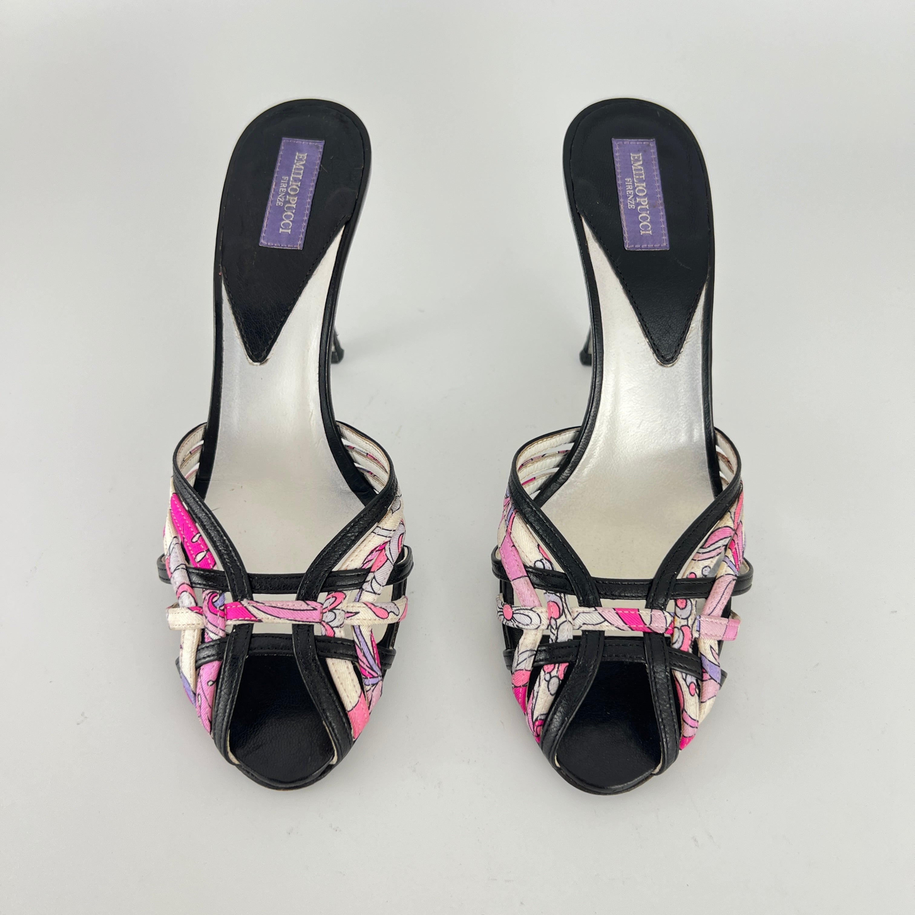 Emilio Pucci | Vintage Y2K Pink Pattern Black Leather Slide Mules (36)