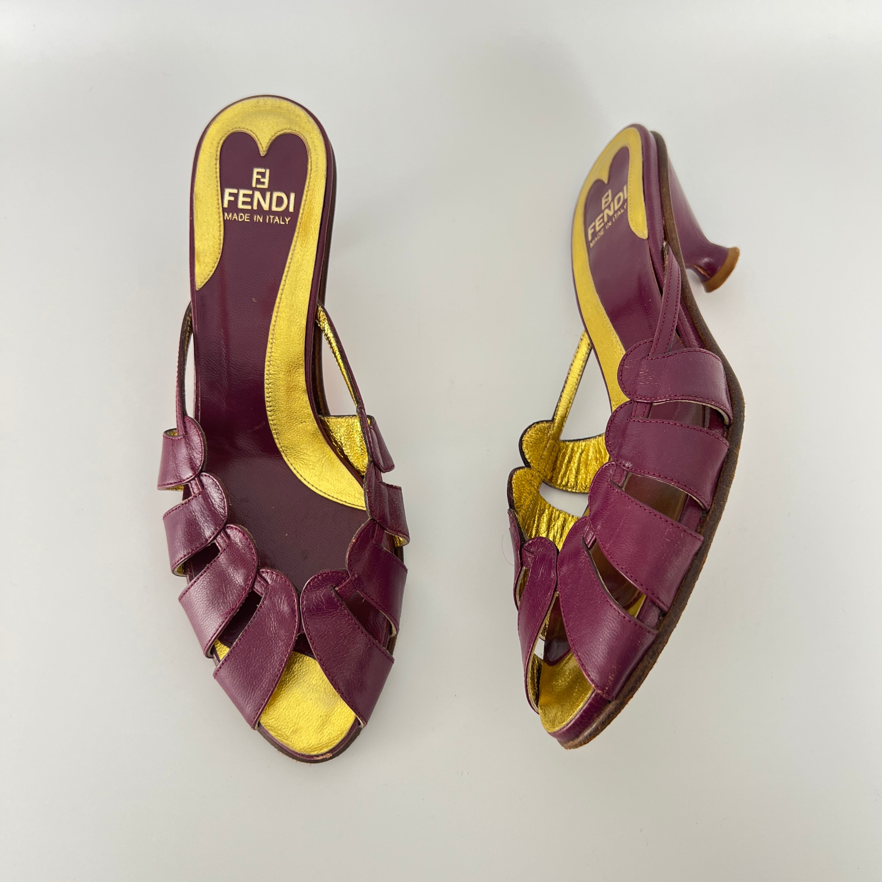 Fendi | Vintage Purple Red Leather Strappy Peep Toe Kitten Heel Sandal Mules (35)